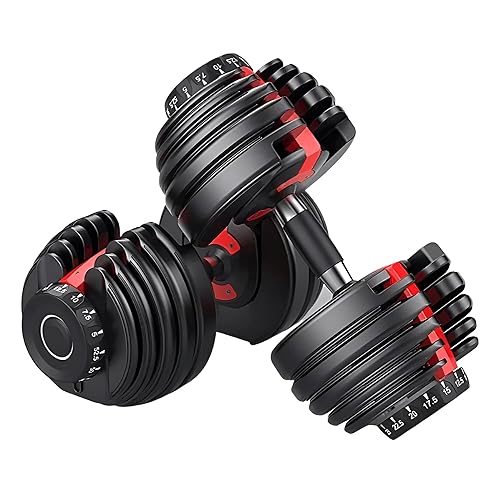 52.5 Lb Adjustable Dumbbell: Adjusts From 5-52.5 Lbs ; 15 Adjustable Weight Settings, COMPACT, SPACE EFFICIENT AND EASY TO USE - Red/Black - Set of 2