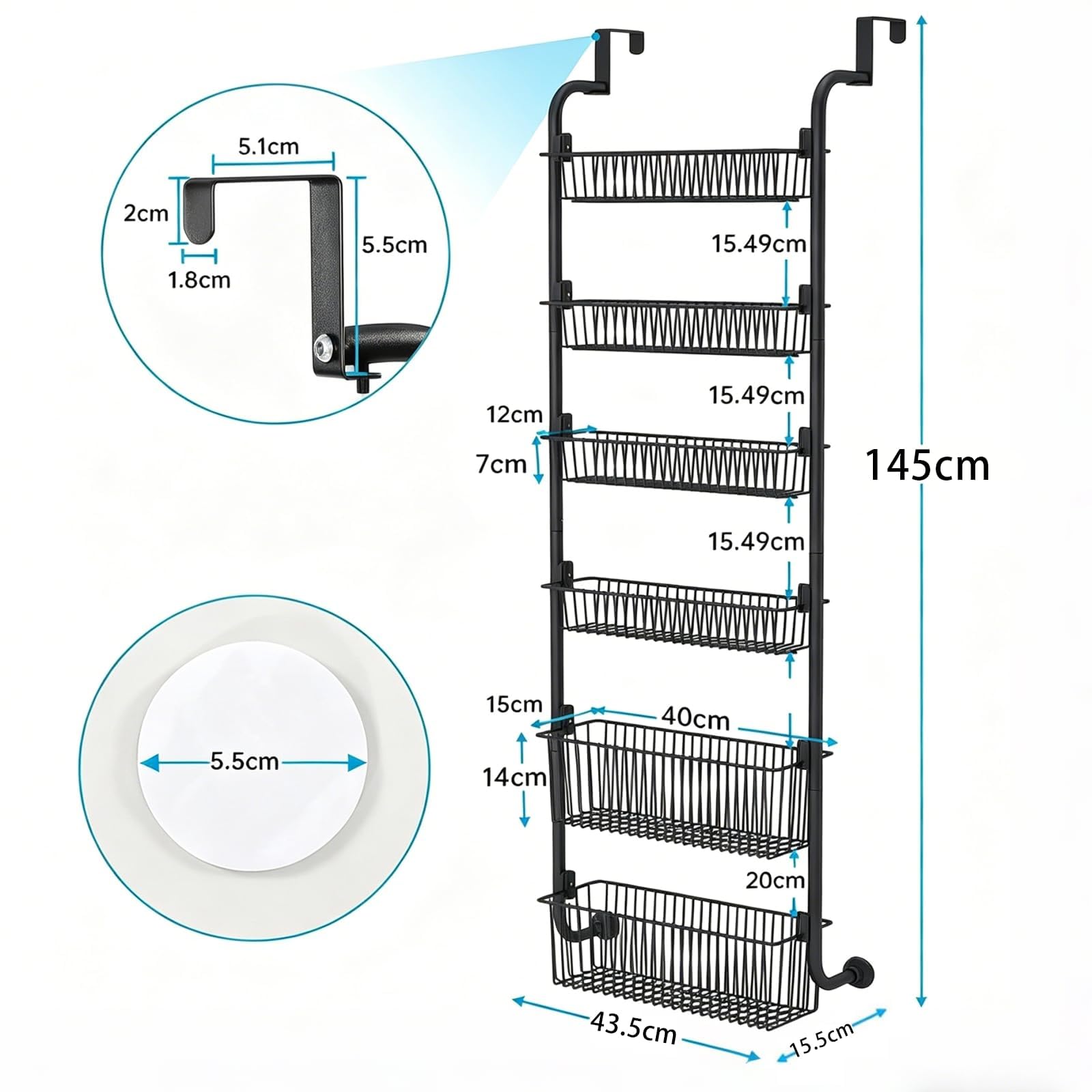 Etagere Rangement Suspendu à 6 étagères Paniers pour Porte Suspension Meuble avec 4 Crochets pour Cuisine Salle de Bain Buanderie Chambre Etagere Suspendue Porte