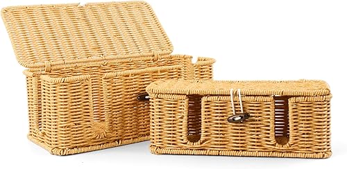 Caja organizadora de cables  Paquete de 2 cajas organizadoras de cables  Pequeña y mediana caja de cables de ratán tejida a mano para TV,