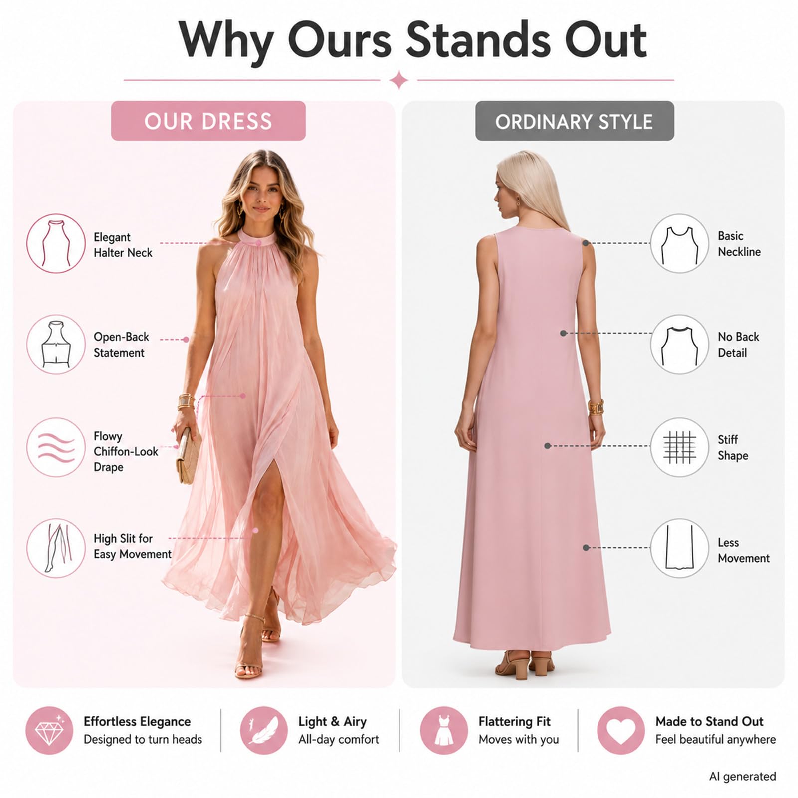 Abito lungo da donna con scollo all'americana e schiena scoperta, con spacco alto, in chiffon, estivo, per matrimoni, vacanze, cocktail party