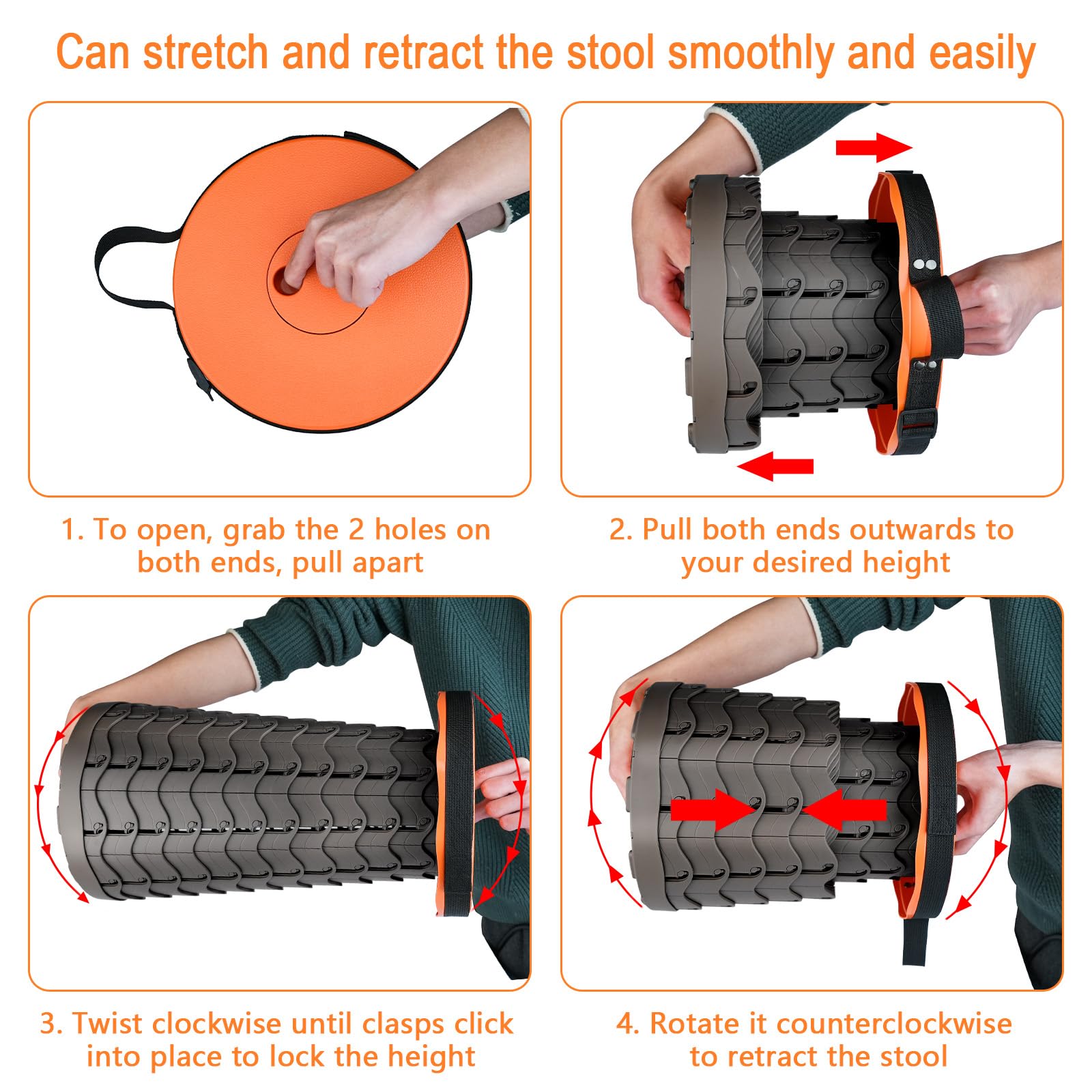 Boreeman Taburete plegable mejorado, ligero pero más resistente, con capacidad de carga de 400 libras, taburete plegable portátil retráctil para camping, pesca, senderismo, barbacoa (naranja)