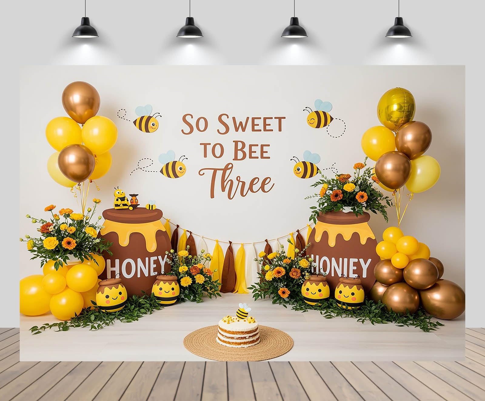 1.5x1.5m So Sweet to Bee Three Backdrop Honey Can Sunflowers Golden Balloons Birthday Cake Background Baby Shower Kids Birthday Party Decoration Photo Booth Props