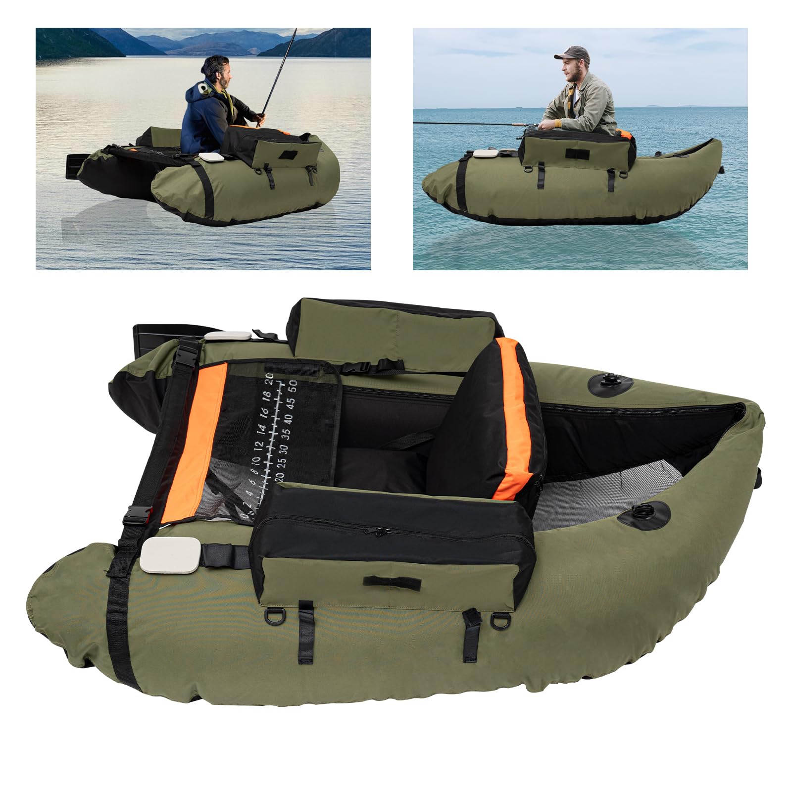 Fishing Inflatable Float Tube, Fishing Belly Boat with Fish Ruler, Pump, Storage Bag, Adjustable Straps, U-Boat Shape Float Tubes for Fishing, 286.6 LBS Load Capacity (Green)