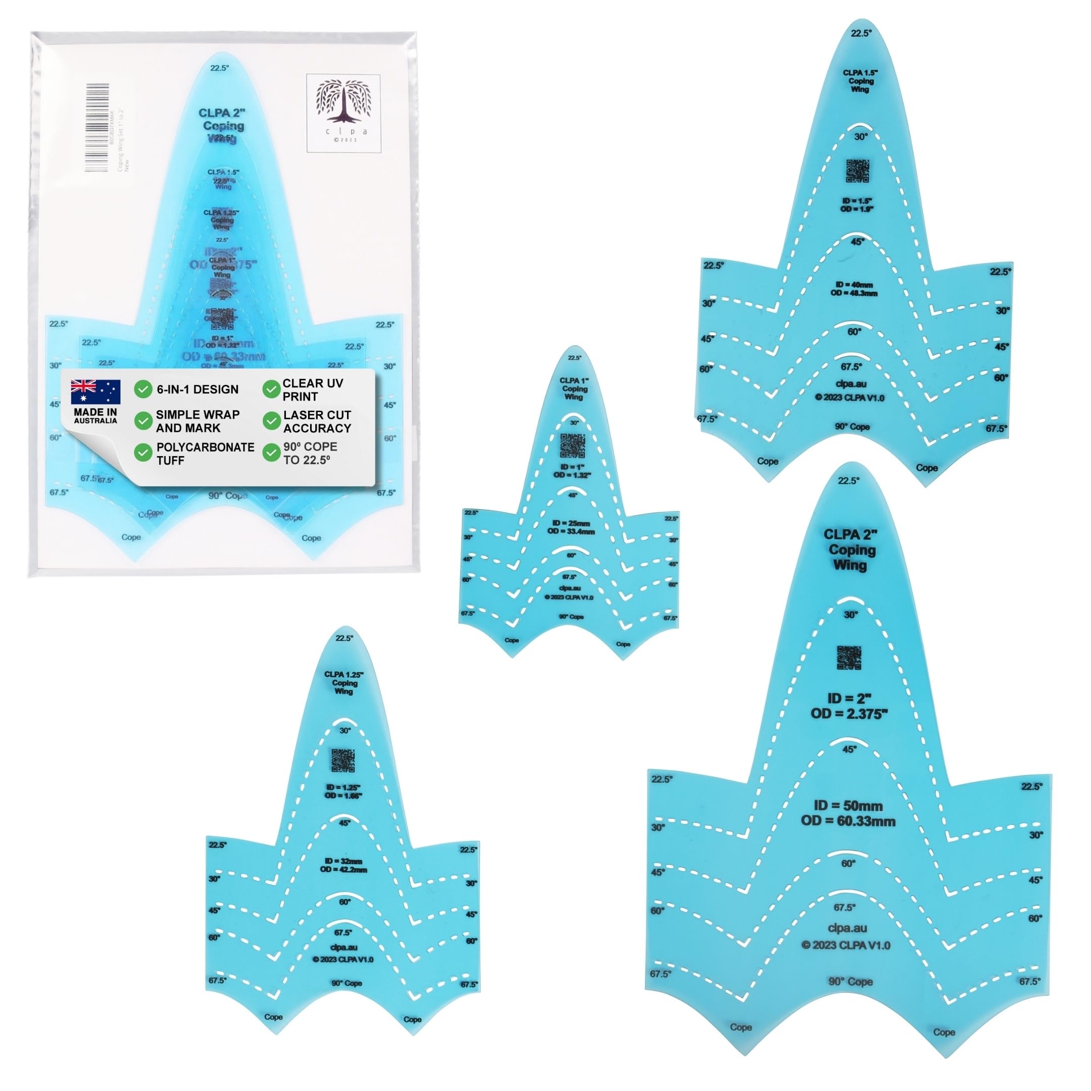Coping Wing Set 1" To 2" - Set Of Wrap Around Pipe Notching And Coping Template For Marking 1 To 2 Inch (Id) Pipe At Angles Of 22.5, 30, 45, 60, 67.5 9358288000603