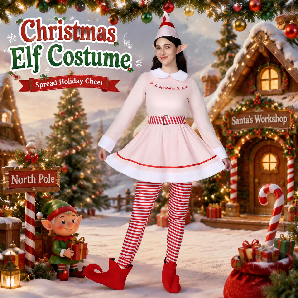 EraSpooky Costume d'elfe de Noël pour femme, déguisement d'elfe de Noël de luxe