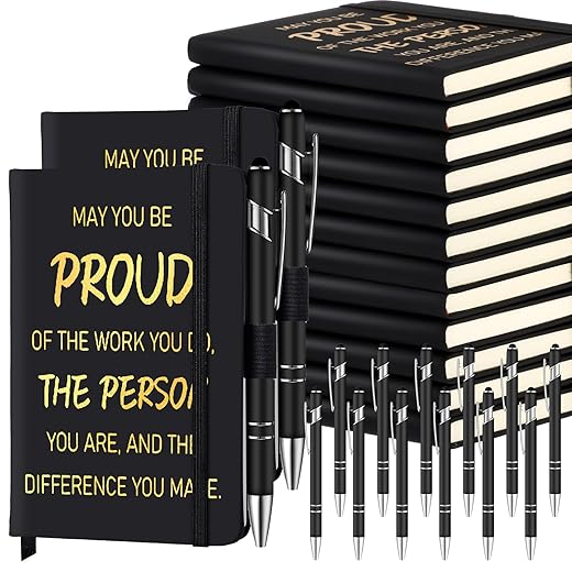 Qeeenar 12 Set Thank You Employee Appreciation Gifts Includes 12 Pcs A6 Leather Inspirational Journal Motivational Notebook with 12 Pcs Thank You Pens for Coworker Teacher Nurse Christmas (Black)