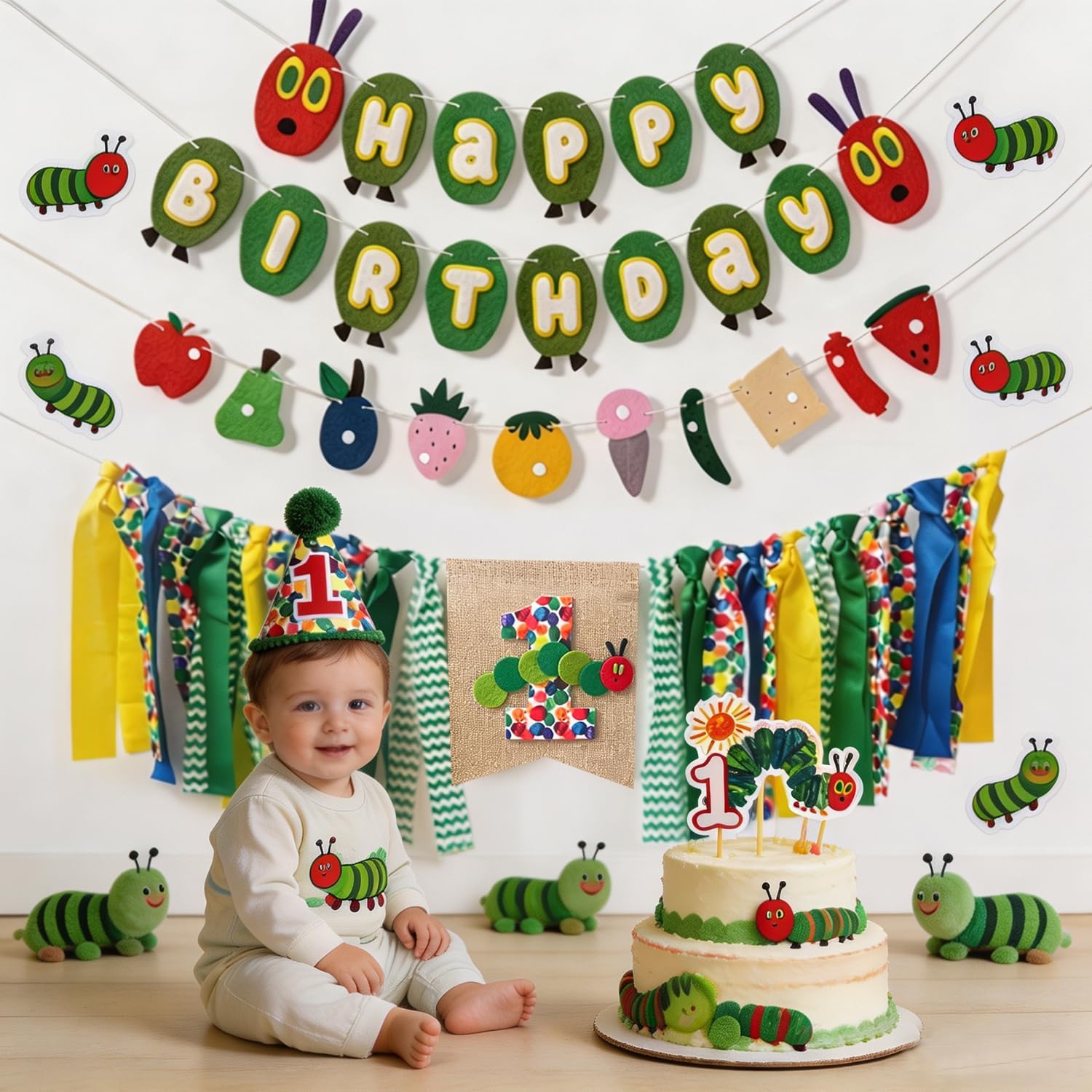 The Very Hungry Caterpillar 1st Birthday Decorations- First birthday Hungry Cater pillar Highchair Banner ，Caterpillars Happy Birthday Banner，Caterpillars Birthday Party Decorations (Caterpillar)