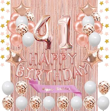 Fancypartyshop 41st Birthday Decorations - Rose Gold Happy Birthday Banner and Sash With Number 41 Balloons, Latex Confetti Balloons for Women 41 Years Old