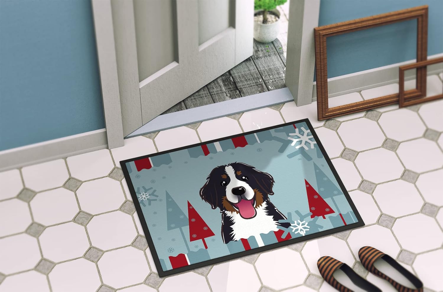 Caroline's Treasures BB1733JMAT Winter Holiday Bernese Mountain Dog Doormat 24x36 Front Door Mat Indoor Outdoor Rugs for Entryway, Non Slip Washable Low Pile, 24H X 36W