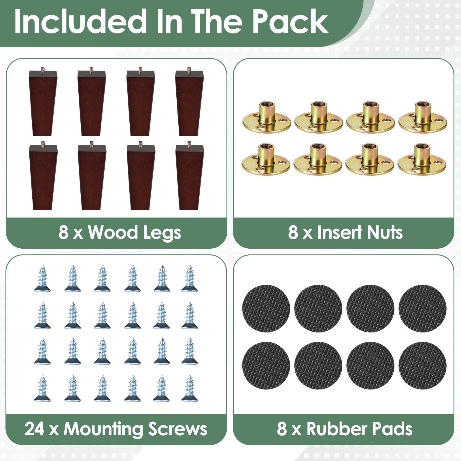 OLBRUS 6 Inch Furniture Legs, Set of 8 Square Solid Wood Couch Legs, Mid Century Modern Furniture Feet Replacement Sofa Legs for Armchair Cabinet Bed Dresser or Home DIY Projects (Brown)