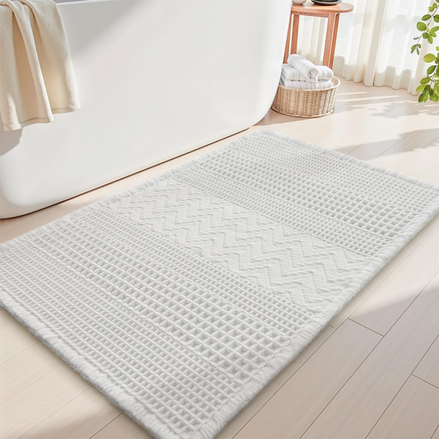 AMOAMI Waffle Bath-Mat, Super Absorbent Bath Mats for Bathroom, Boho Bathroom Rugs Non Slip Washable, Ultra Soft Bathroom-Mat with Tassels Bath Rugs for Floor Mat, 20" X 32" White 20"x32" White