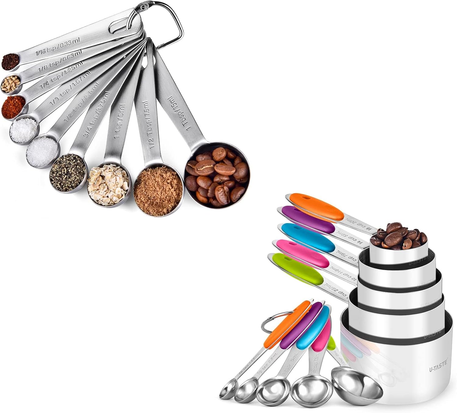 U-Taste 18/8 Stainless Steel Measuring Spoons Set for Dry and Liquid Ingredients(Set of 9), and Upgraded Measuring Cups and Spoons Set of 10 with Reinforced Welded Handle (Color)