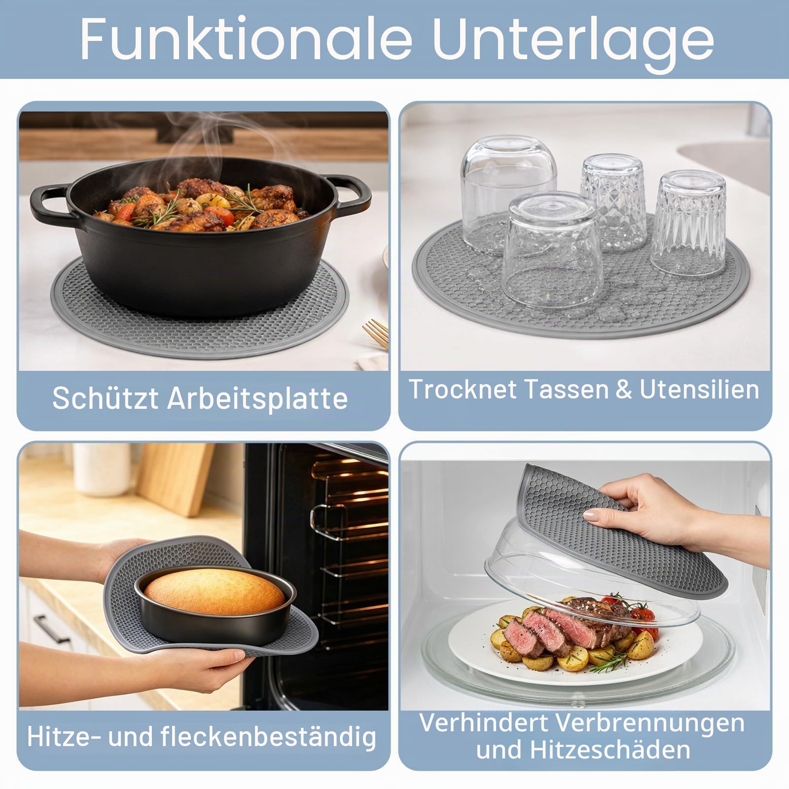 YBCPACK Mikrowellen Abdeckung Glas mit Silikonmatte, 26,5 cm Abdeckhaube Mikrowelle mit Griff – BPA-freier Microwave Cover für Lebensmittel (Spülmaschinenfest)