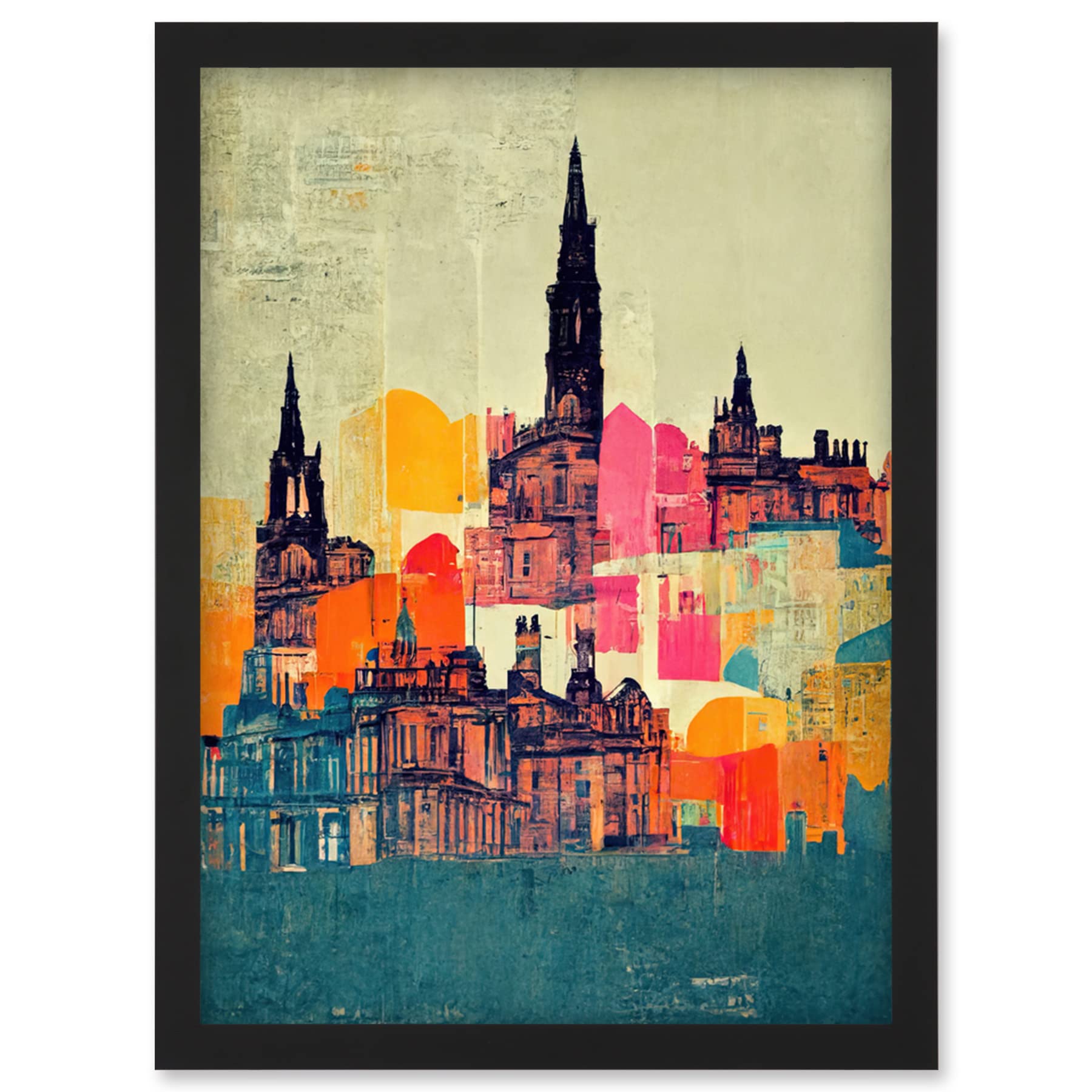 Wee Blue Coo Boho Abstract Multi Coloured Cityscape Skyline Painting Folk Art Artwork Framed Wall Art Print A4