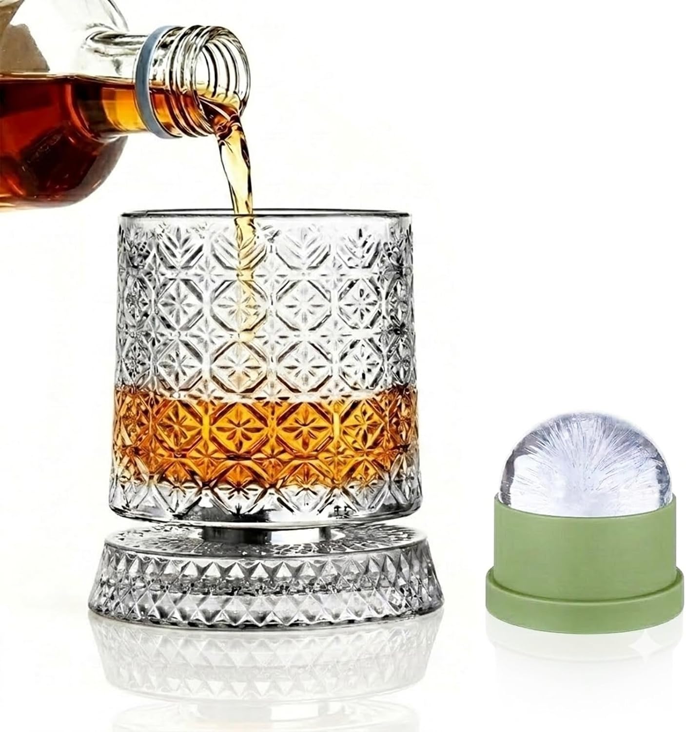 Spinning Crystal Whiskey Glass & Large Ice Ball Mold Set, 360° Rotating Bourbon Tumbler, Kinetic Glassware for Home Bar, Unique Gift for Men, Dad (Ice Flower Pattern)
