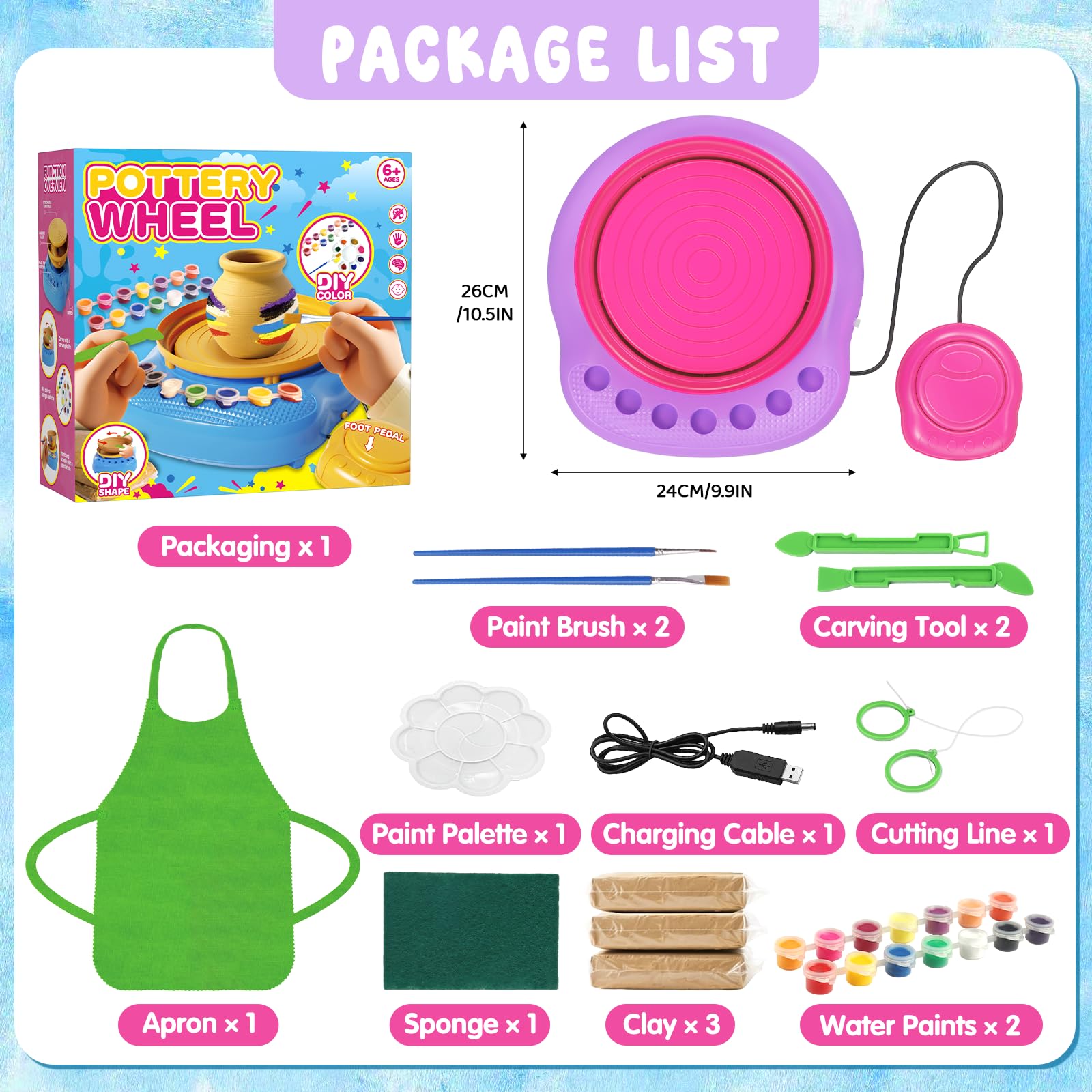 Töpferscheibe Kinder elektrisch,Töpferset 6-12 Jahre mit Ton | Komplettes DIY-Bastelset mit 3x lufttrocknendem Ton, 14 Farben, Fußpedal & USB – kreatives Geschenk für Mädchen und Jungen