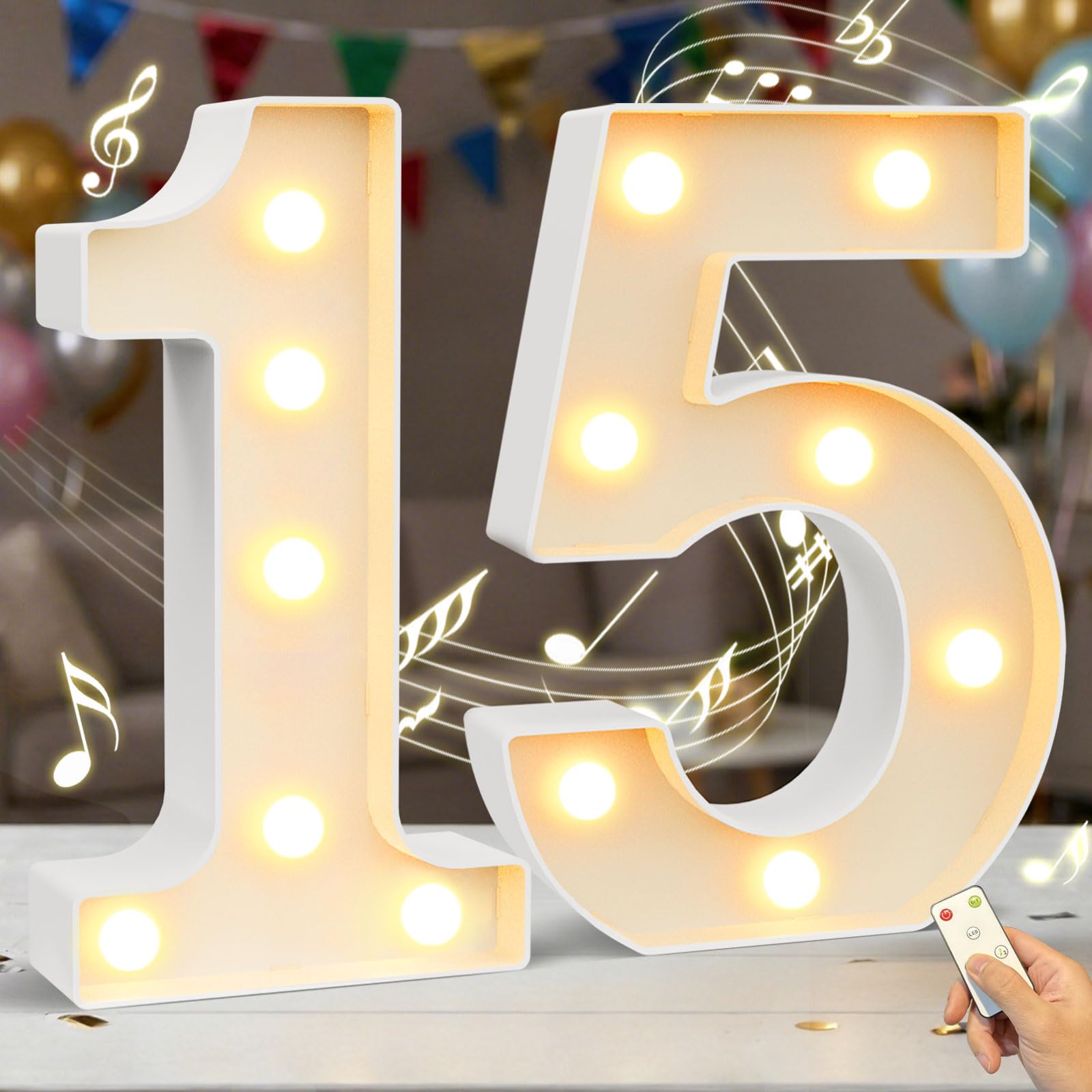 HEYCOLOR Light up Numbers with Music for Birthday Party. Remote with Two Modes. 8.86 Inch Music Marquee Number Sign for Birthday Anniversary Party Home Wall Decorations, 2AA Battery Powered Number 15