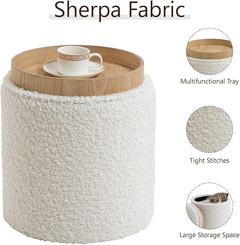 Miniatura 6 de Moderno otomano redondo con asiento acolchado suave, taburete de almacenamiento para maquillaje, taburete tapizado para reposapiés, taburete otomano