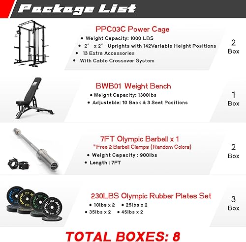 Miniatura 2 de RitFit Multi-Function Garage & Home Gym Package Includes 1200LBS Power Cage PPC03/P3 with Cable Crossover System, Weight Bench, Olympic Barbell