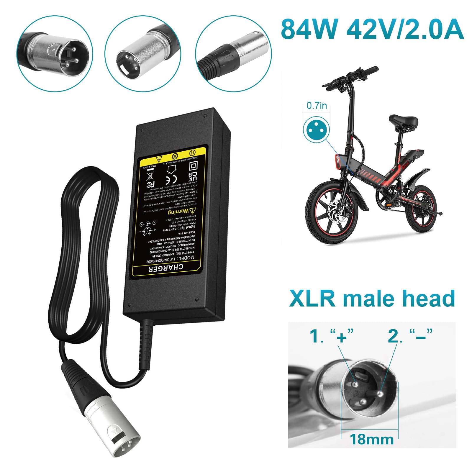 Labtec Caricabatteria 42V 36V 2A per Batteria al litio con connettore XLR a 3 pin per Bici Elettrica Monopattino Elettrico Sedia a Rotelle Elettrica