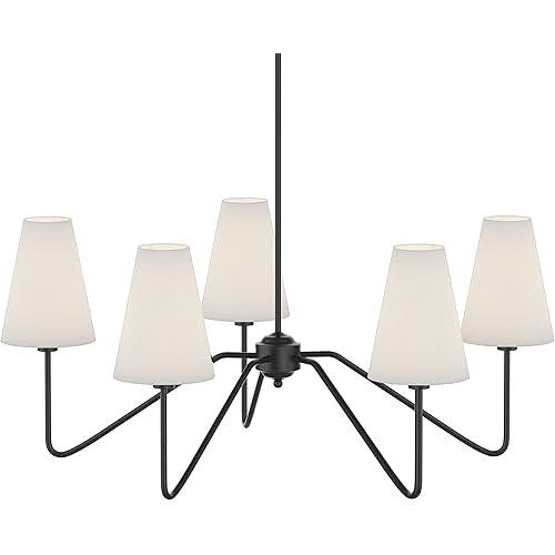 Electro bp;30" Dia 5-Arm Classic Chandeliers Matt Black with White Linen Shades,200W