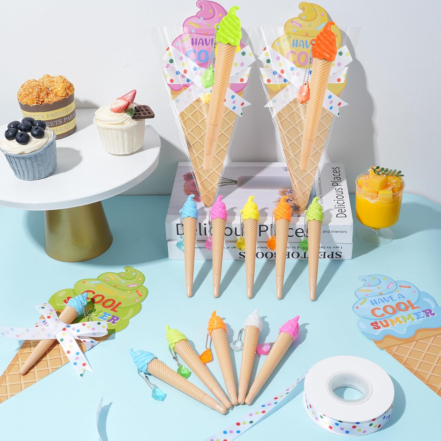 48 Sets End of Year Student Gifts from Teacher, 48 Pcs Ice Cream Ballpoint Pens with Gift Cards Wrapping Bags Ribbons, Ice Cream Party Favors Summer Graduation Gifts for Kids School Classroom Prizes