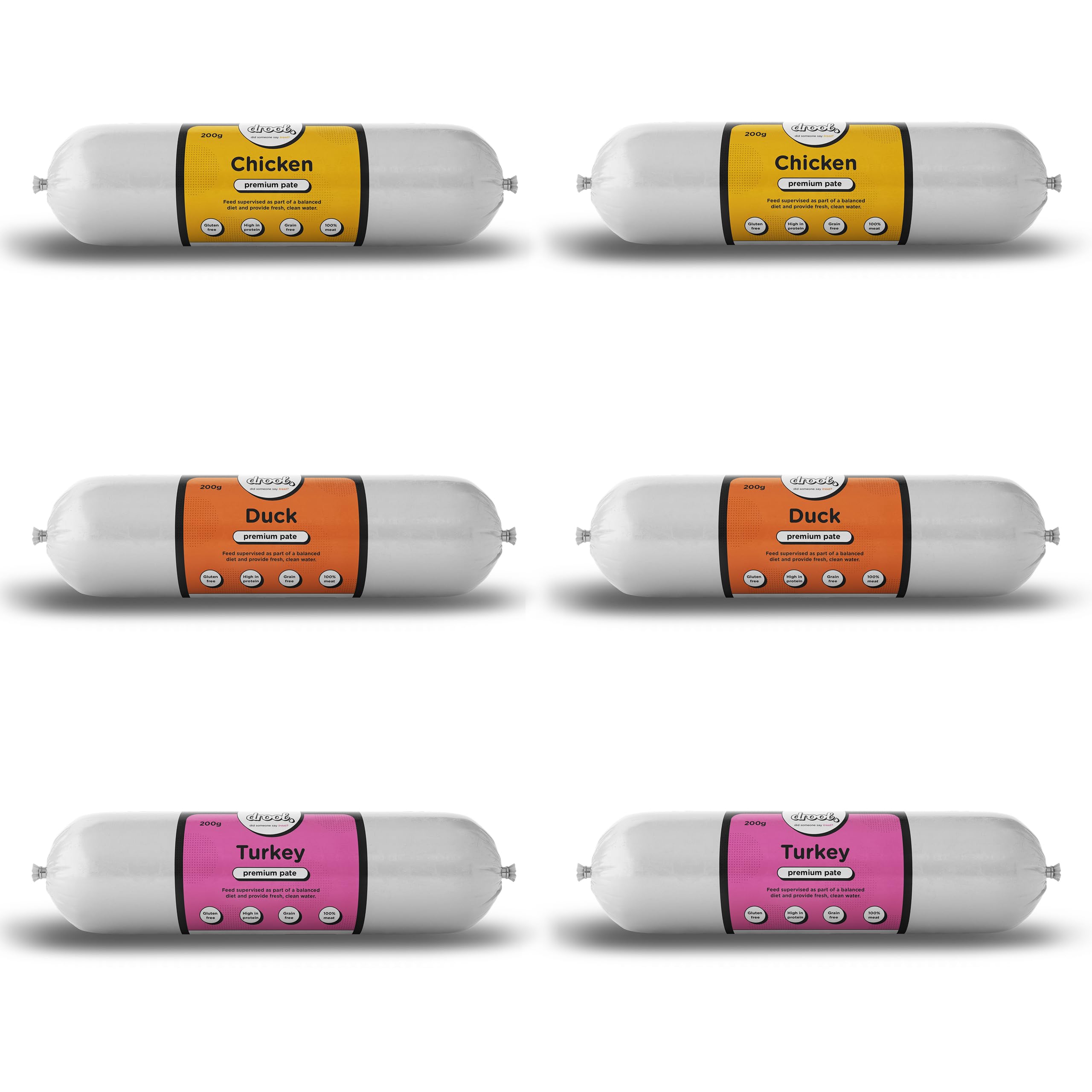 Drool Pet Products | Premium 2 Chicken, 2 Duck & 2 Turkey Dog Pate Tube Roll | Grain-Free High Protein Dog Food | Multi Pack 6 x 200g