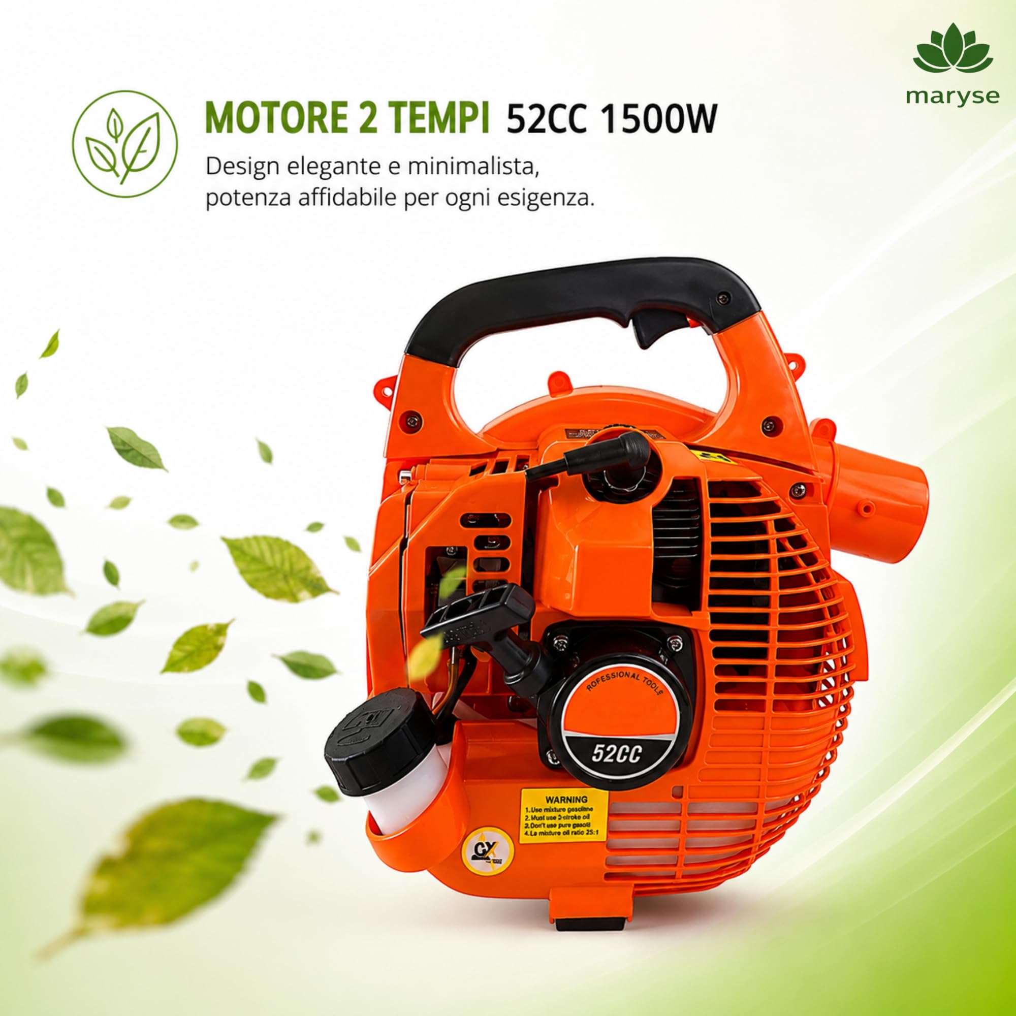 Soffiatore a Scoppio 52 cc LEGGERO – AVVIAMENTO FACILE - Motore 2 Tempi da 1500 W – Getto d’Aria 65 m/s per Rimozione Foglie e Detriti – Impugnatura per COMFORT UTILIZZO - Serbatoio 0,65 L