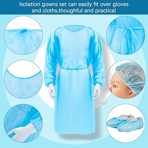 Miniatura 3 de Juego de 10 batas desechables de aislamiento para adultos, no tejidas, fundas de zapatos y gorras bouffant con puños elásticos para industria,