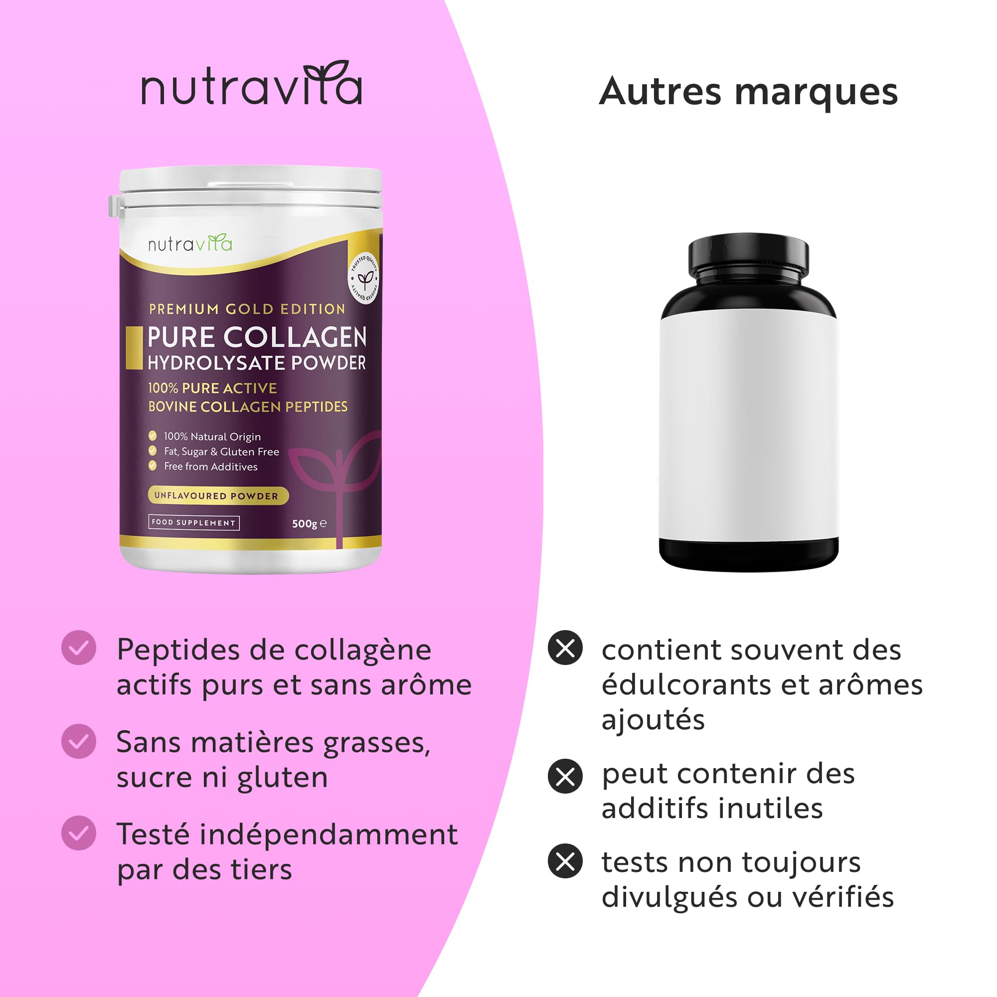 Nutravita Poudre de Collagene 500g - 100% Premium Peptides de Collagène Hydrolysés Pur, Type 1-50 Portions, Goût Neutre - Peptide de Collagen Hydrolysat - Collagene Bovin à Boir - 8 Acides Aminés