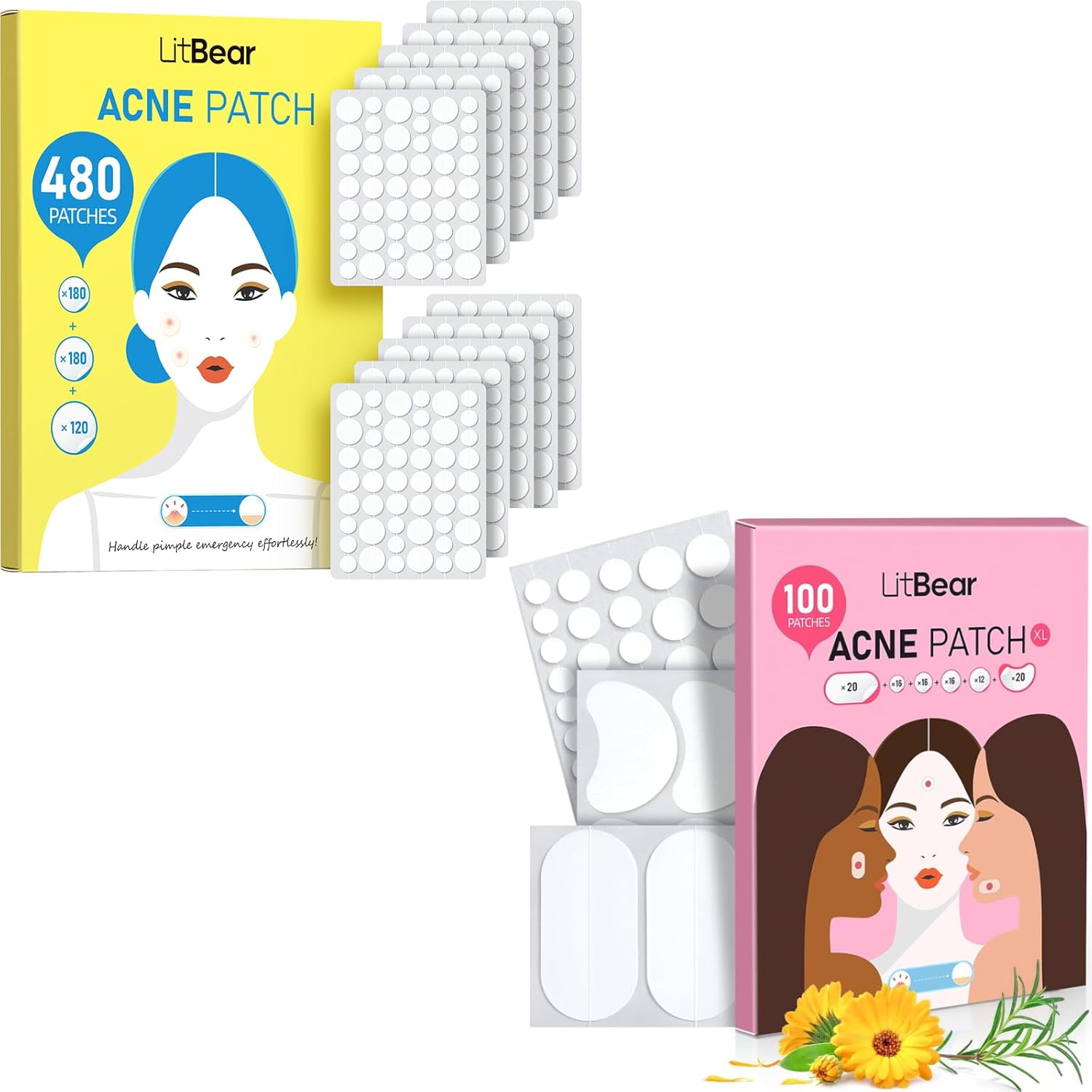 LitBear Large Acne Pimple Patches 6 Sizes 100 Patches and Pimple Patch Bulk 480 Patches 3 Size