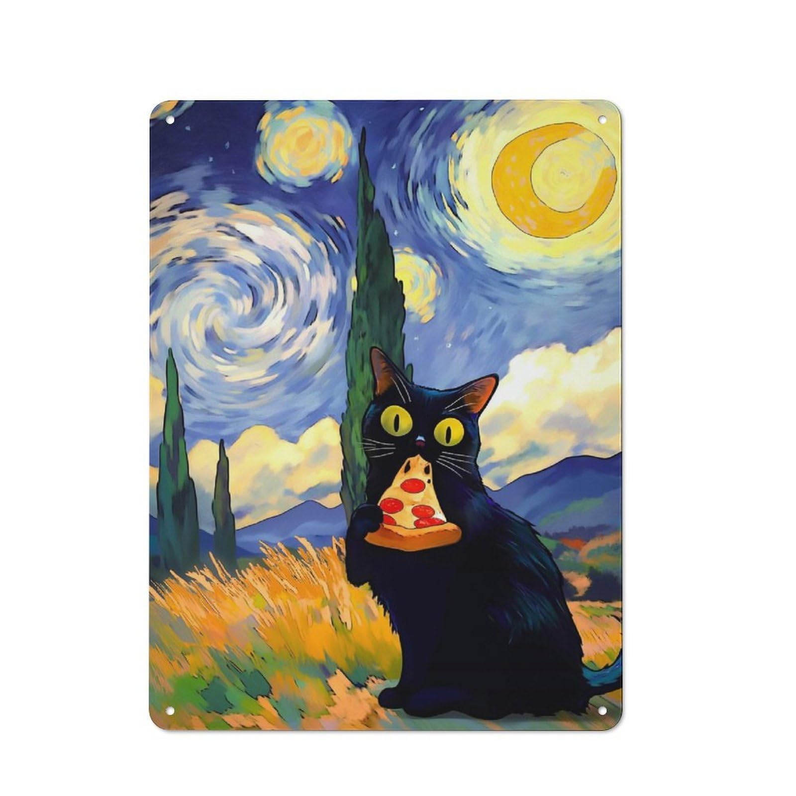 Retro Metal Plaque 40x30cm Featuring Black Cat Eating Pizza Starry Night, Bistro Wall Plaque for Bakery, Diner, Cafe Or Family Room