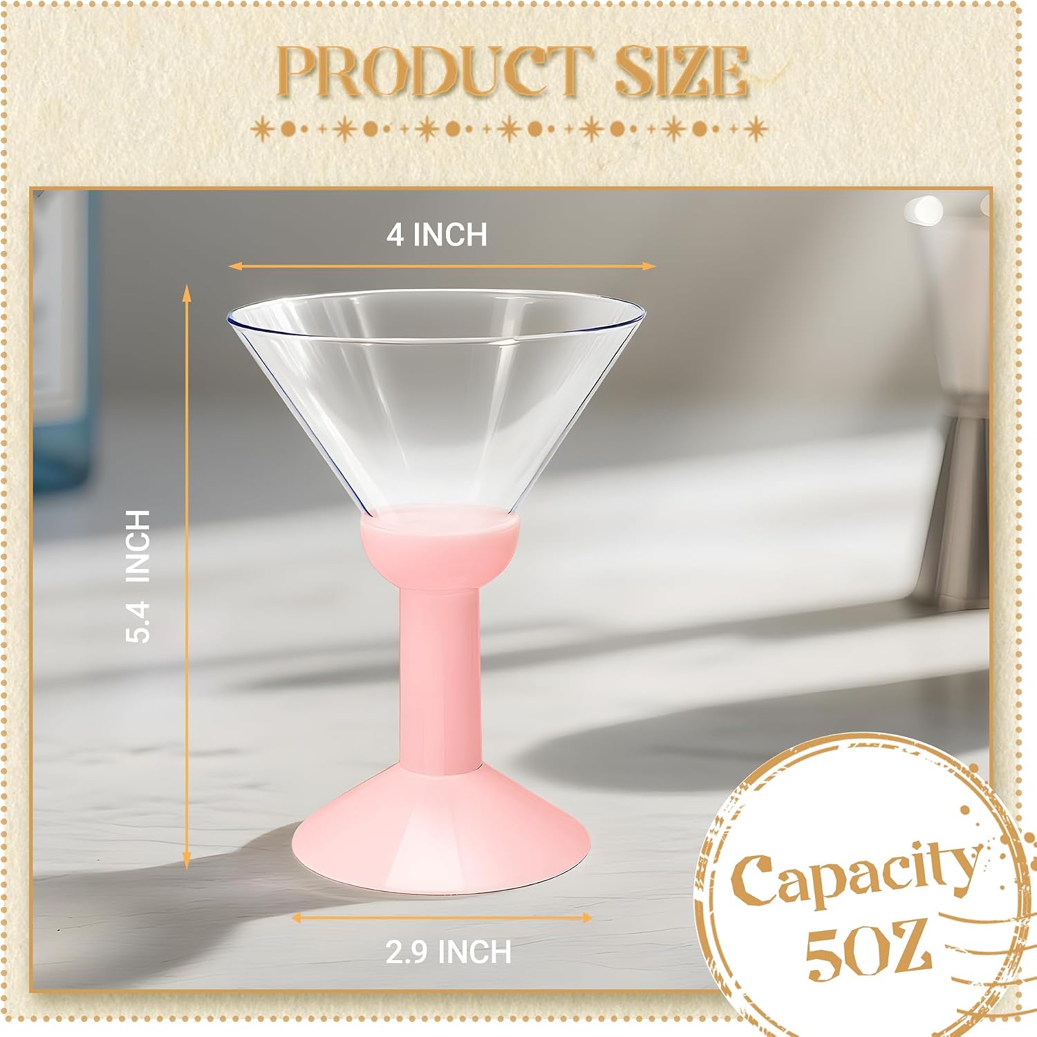 Plastic Martini Glasses 5oz 12 Pack, Vintage Cocktail Glasses with Crystal Texture High Stem, Unbreakable Coupe Glasses for Party (Pink)