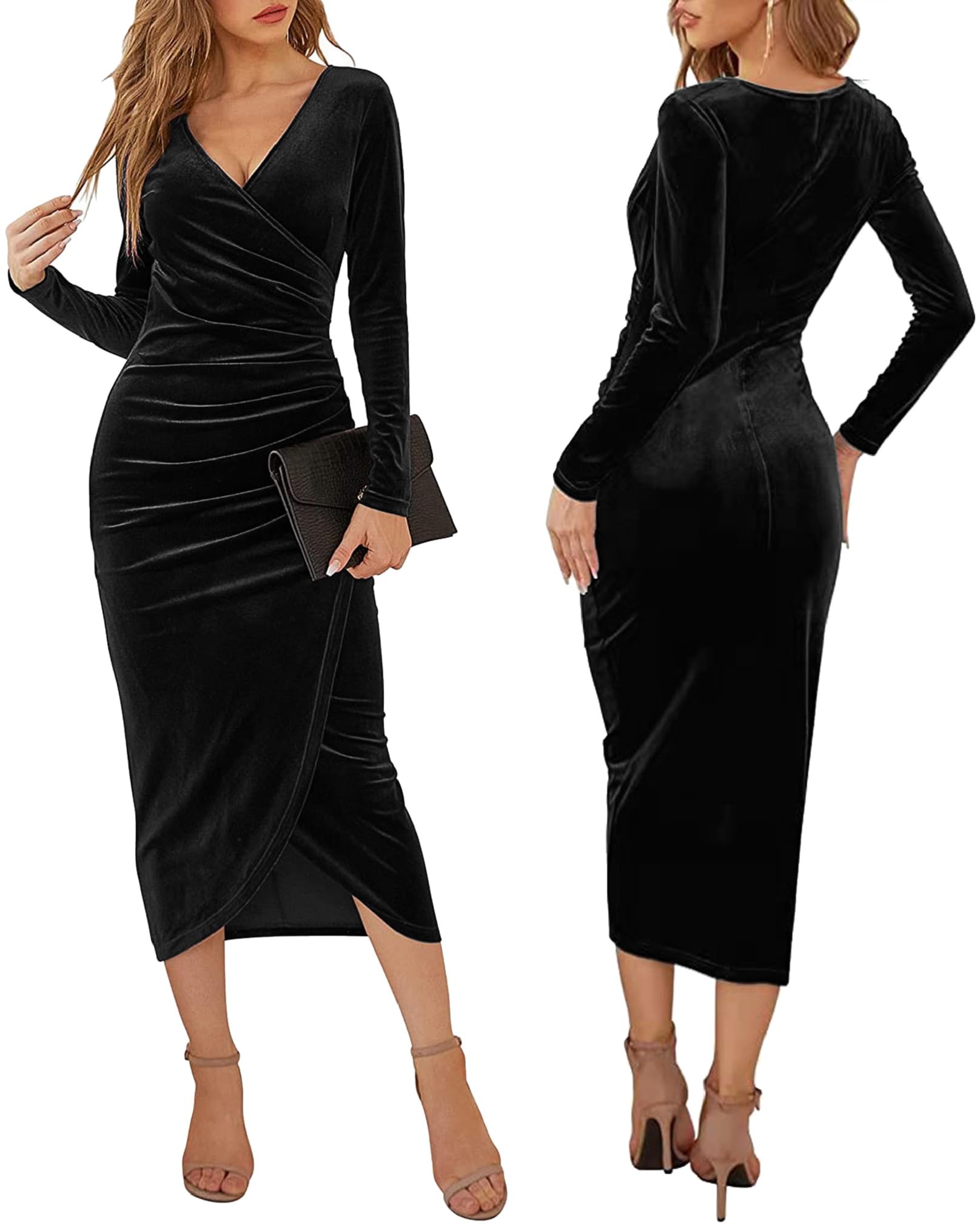 CheChury Damen Winterkleid Elegant Retro Kleider Winter Samtkleid Damen Cocktailkleid V-Ausschnitt Kleid Langarm Festliche Kleider für Hochzeit Vintage Kleid Abendkleider Silvester Kleid