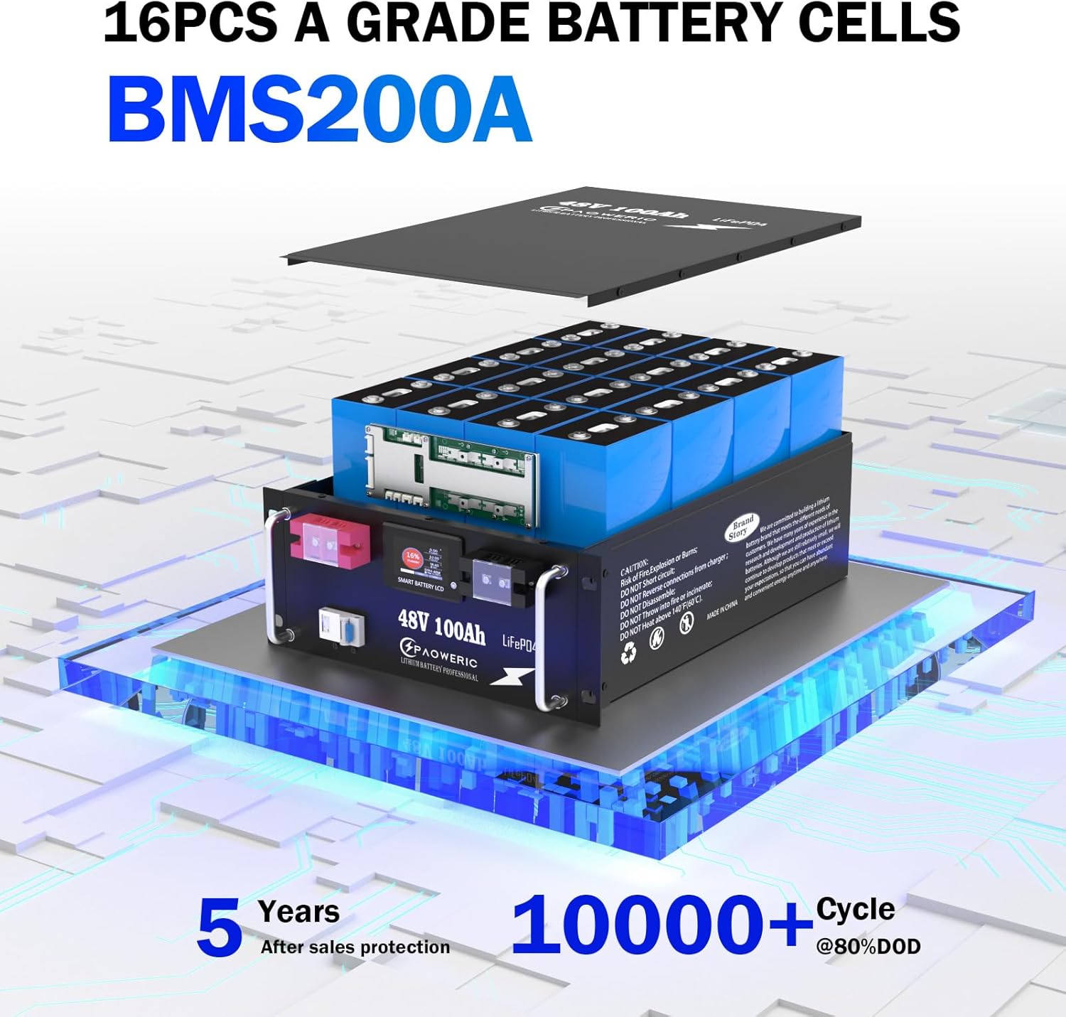 48V 100Ah LiFePO4 Battery - Smart 200A BMS, with Charger & Touch Screen & APP Control, 5120WH Energy, Ideal for Solar/Off-Grid Energy Storage