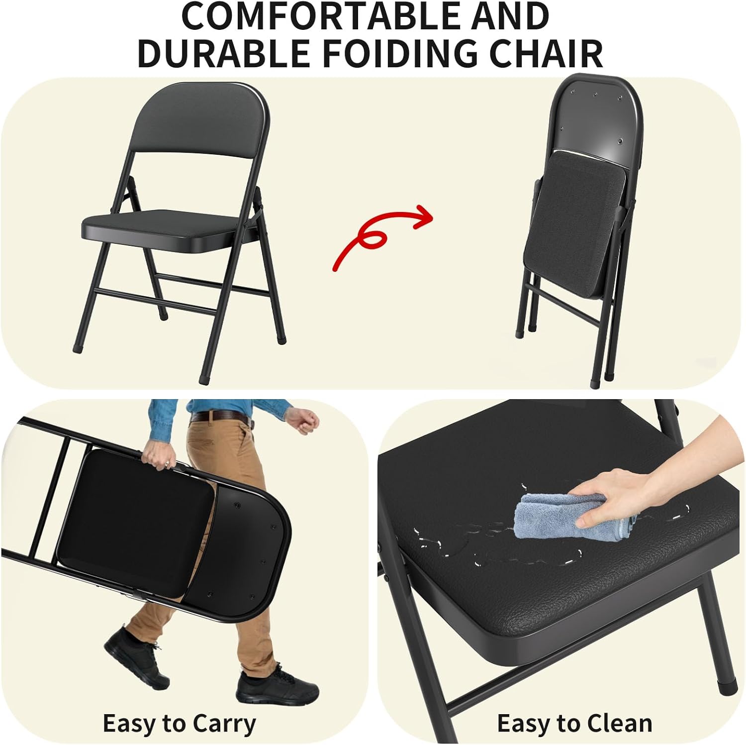 SHGJ&SOFT Set of 2 Folding Chairs with Padded Seats and Backs, Black Metal Frame Chair for Indoor and Outdoor, Home Office, Dorm, Party, Backyard, Lawn, Patio(Black, 2-Pack)