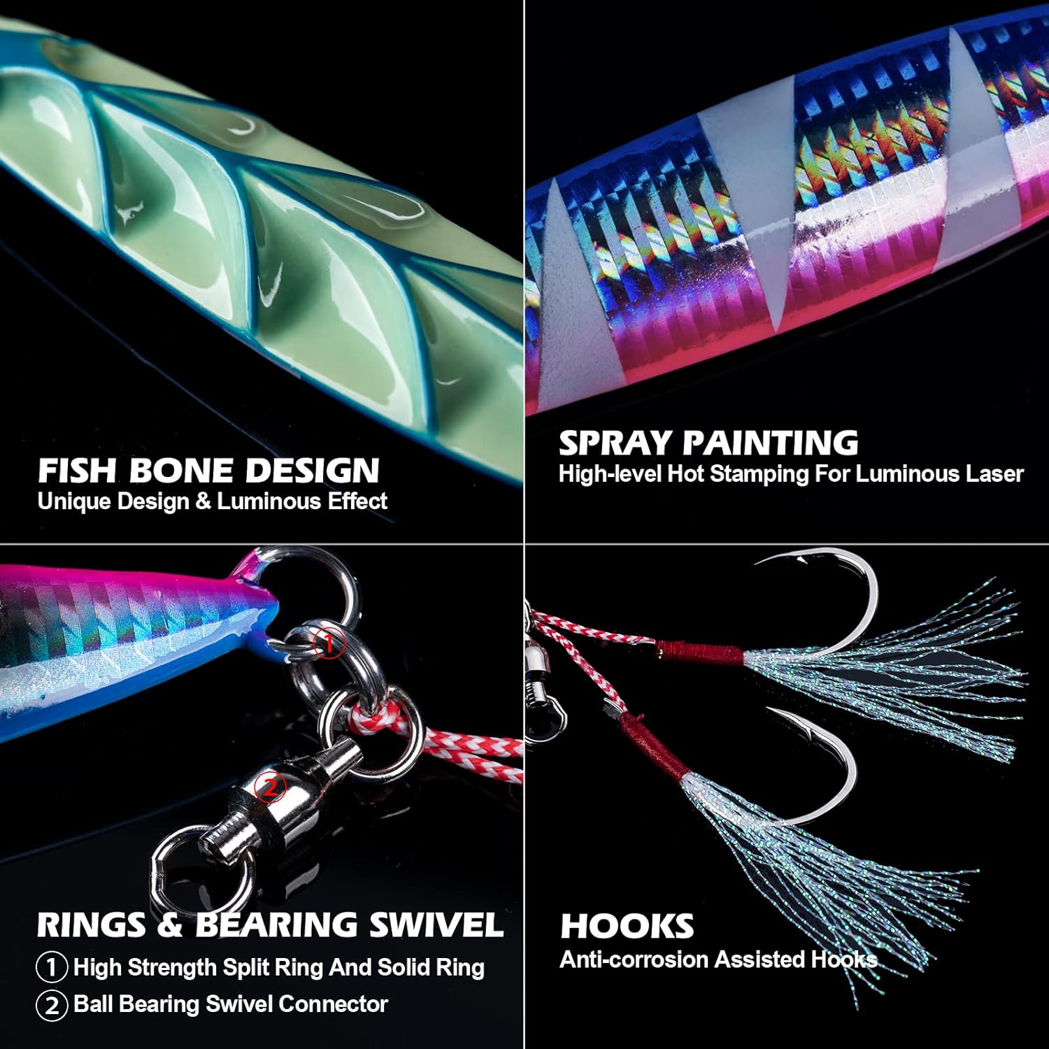 Goture Slow Flat Fall Luminous Lead Vertical Saltwater Artificial Lure Jig Fishing Lure with Two Assist Mustad Hook for Tuna Kingfish Bass Salmon
