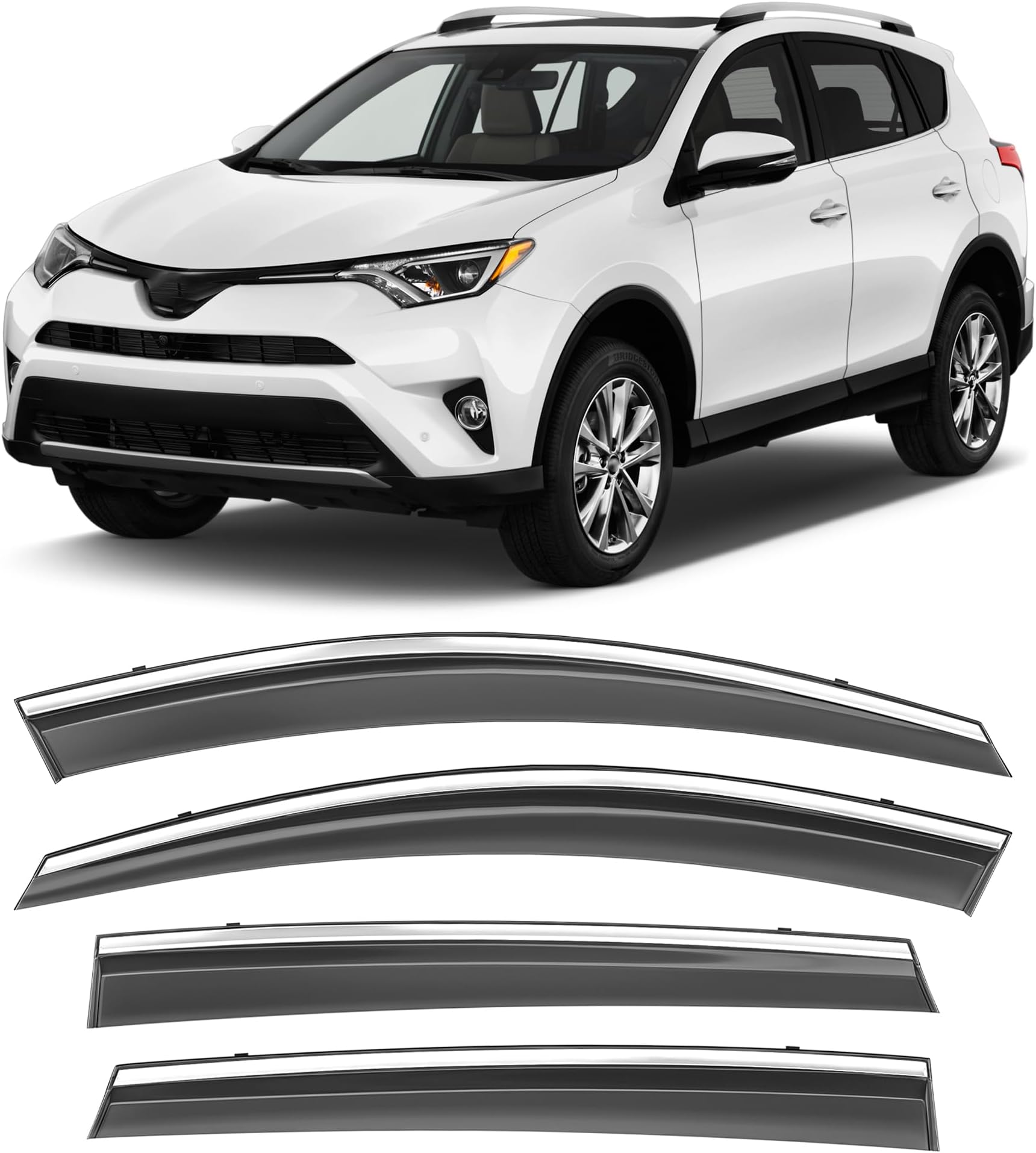 Shatterproof Taped-On Window Deflectors for Toyota Rav4 2013-2018 with Chrome Trim, Rain Guards, Window Visors for Car, Vent Deflector, 4pcs