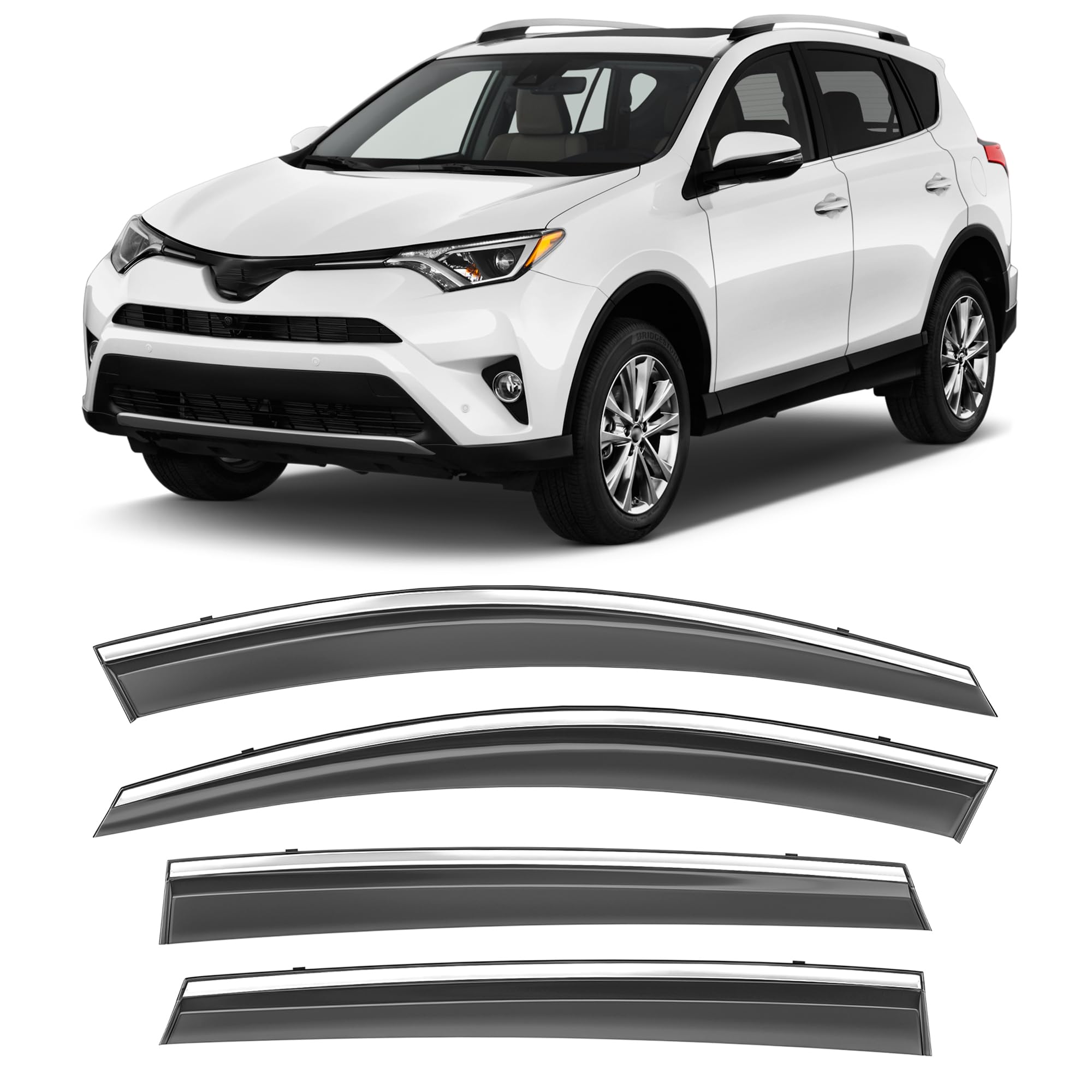Shatterproof Taped-On Window Deflectors for Toyota Rav4 2013-2018 with Chrome Trim, Rain Guards, Window Visors for Car, Vent Deflector, 4pcs