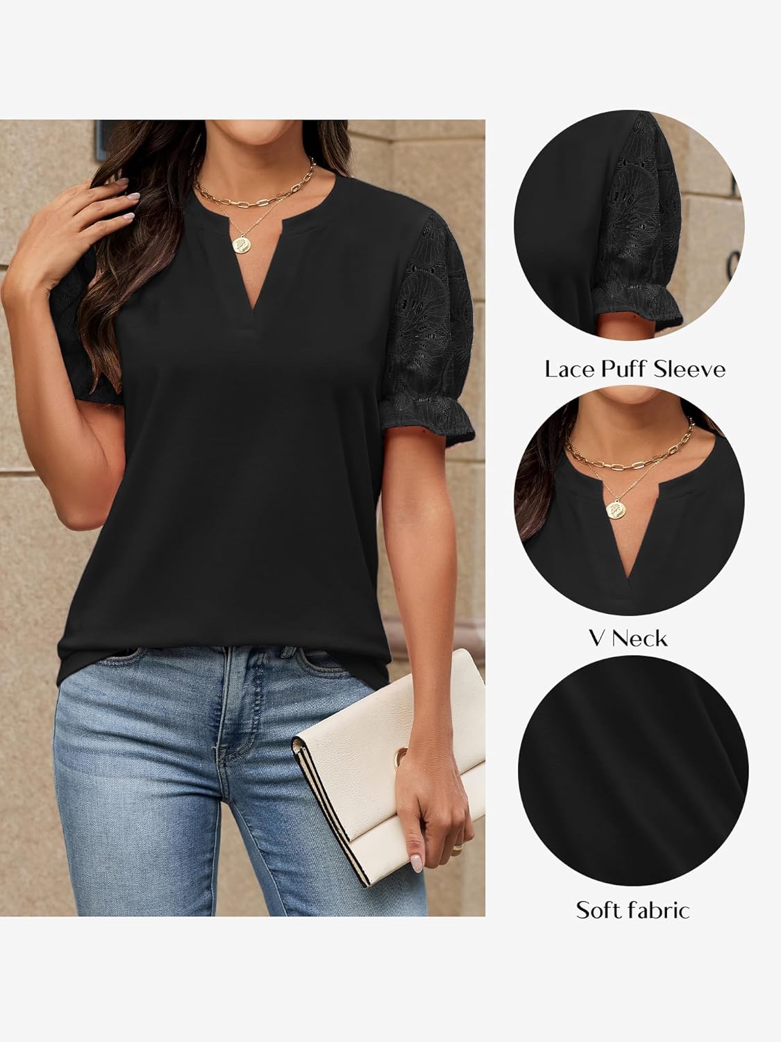 Womens Summer Tops Dressy Casual Puff Short Sleeve Lace Shirts Trendy Business Outfits Work Blouses Clothes - Image 6