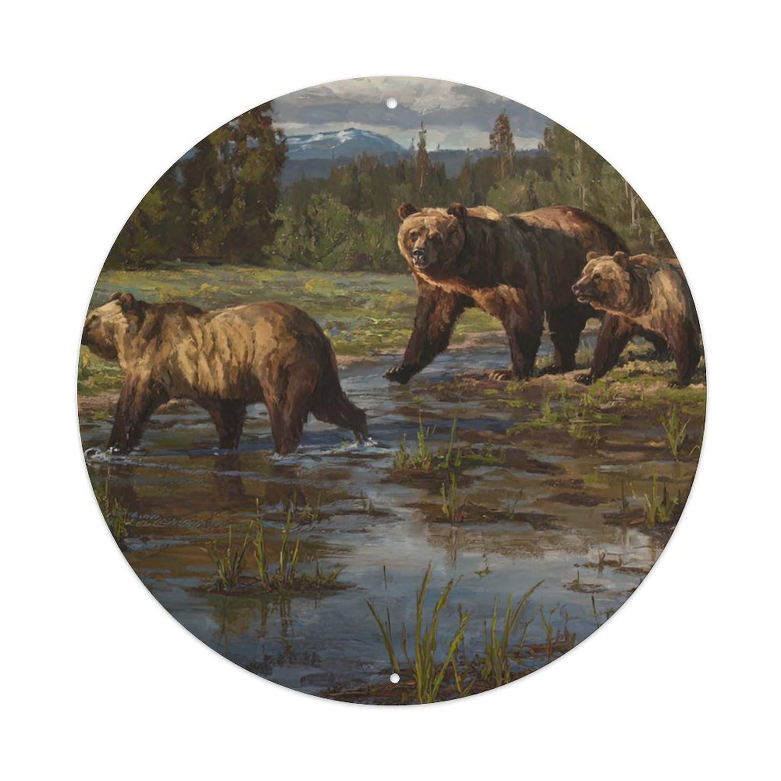 Animals Artwork Three Brown Bears in The Meadow Vintage Metal Tin Sign Plaque Wall Decor for Cafe, Club Bar, Office, Garden Metal Poster 8x8Inch