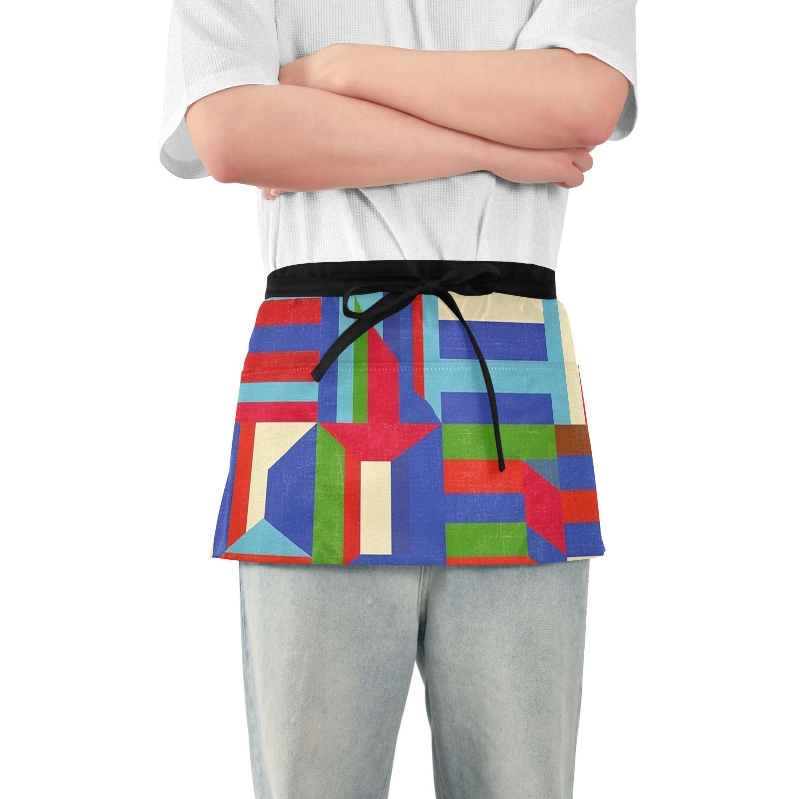 FASHON&FASCIN Server Apron with Pockets Waist Aprons Half Waitress Apron Geometry Design for Gardening Restaurant,Multi4
