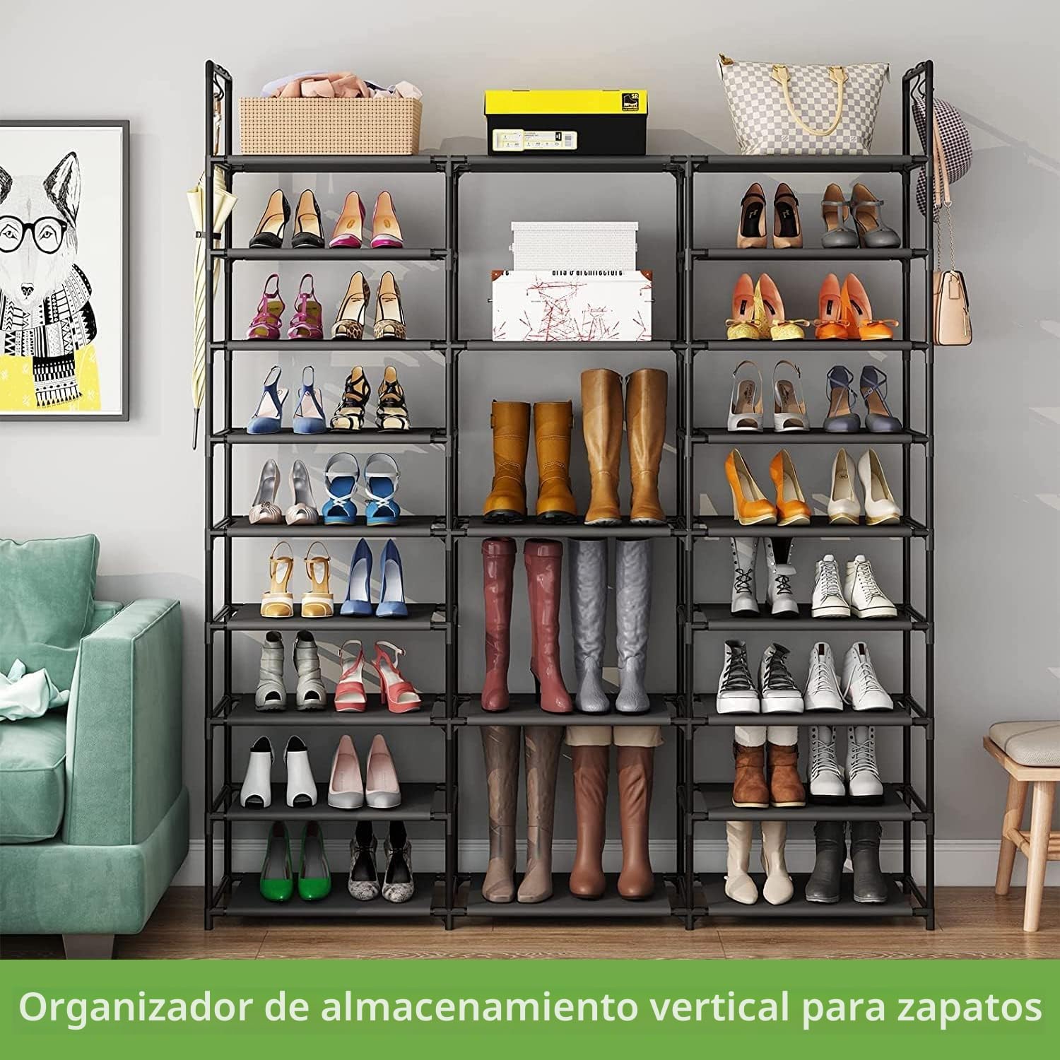 Finew Zapatero de 9 Niveles, Zapateros de Metal con 23 estantes, Capacidad para 50 – 55 Pares de Zapatos y Botas, Estante Zapatero para Sala de Estar, Entrada de pasillos, vestuarios - Negro