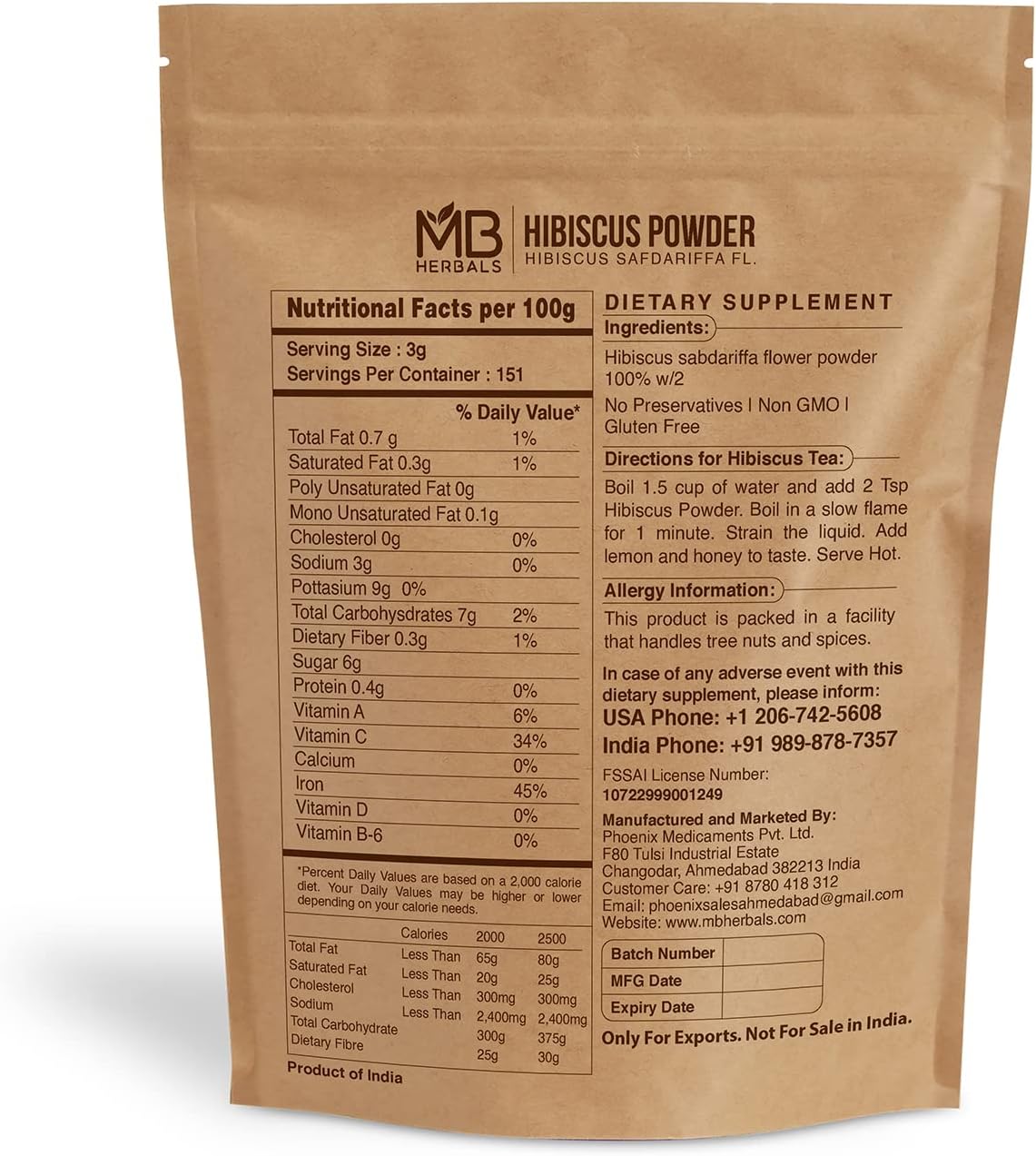 MB Herbals Hibiscus Powder 16 oz / 1 LB / 454 Gram | Hibiscus sabdariffa Flower Powder | For Refreshing Tea & Hair Care