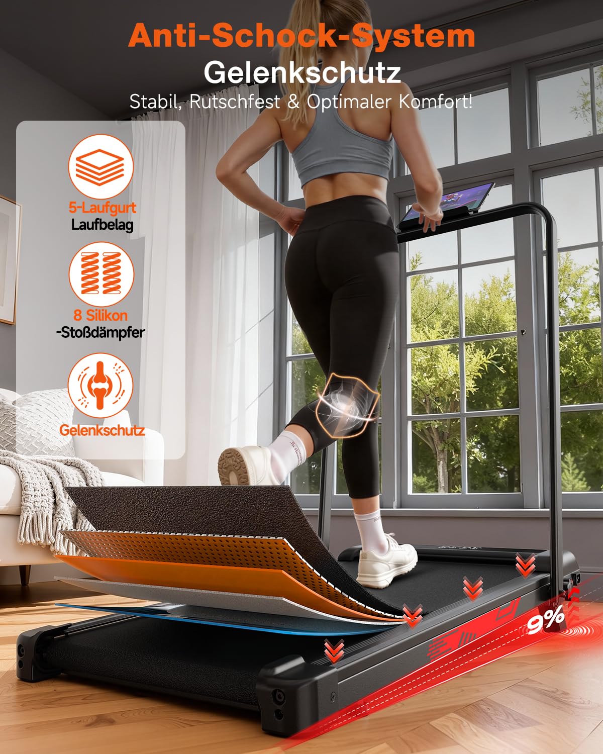 Laufband Klappbar 4-in-1 mit 9% Steigung, Elektrisches Laufband bis 10 km/h, Walking Pad Leise, 3,0-PS bürstenloser Motor, 140 kg, Stoßdämpfung, LED-Anzeige, kompakt, für Zuhause und Büro