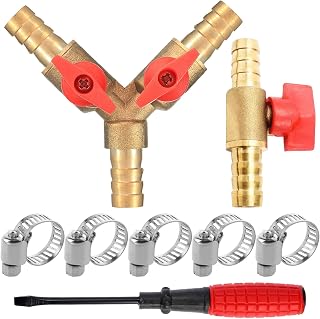 Conector de Manguera de 3 Vías 10mm y Válvula de Bola de 2 Vías con 5 Abrazaderas de Manguera 6-12mm Válvula de Tres Vías Conector de Manguera de Latón para Herrajes de Carpintería Aire Agua Gas