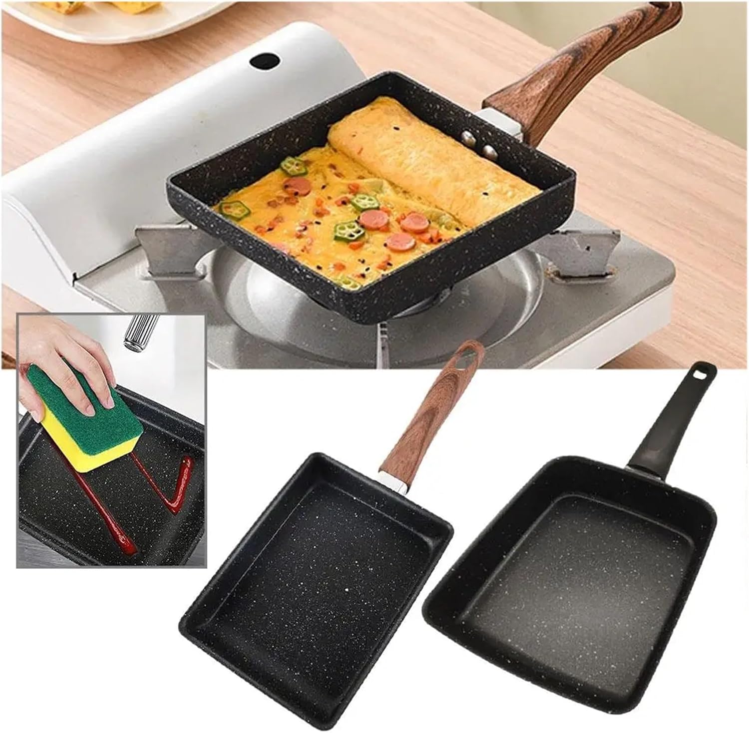 Fit for Omelette Pan with Wooden Handle - Nonstick Tamago Skillet for Eggs - Rectangle Frying Pan with Cooking Tools