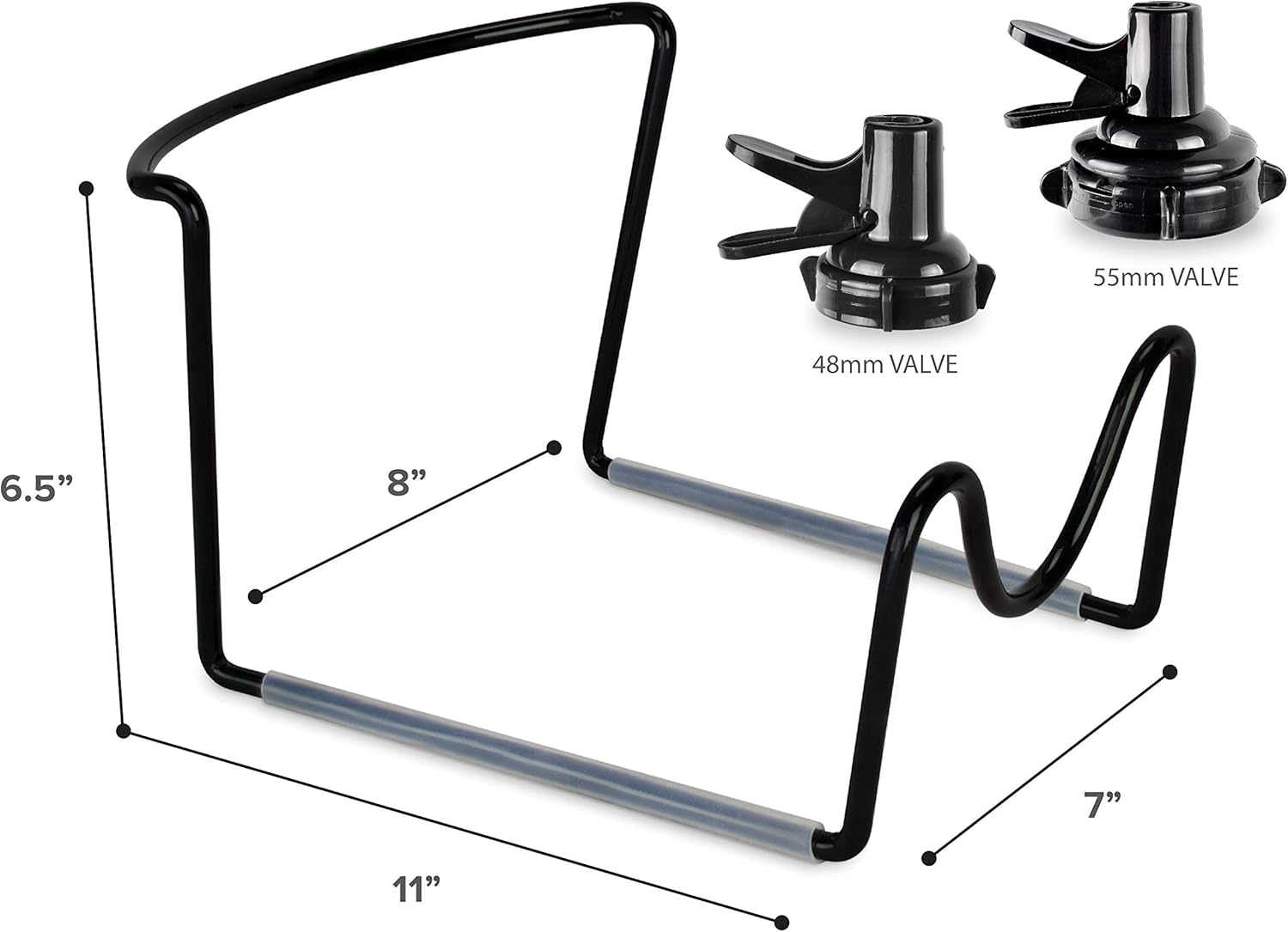 Diagram showing dimensions of the Brio water jug stand and close-ups of 48mm and 55mm valves