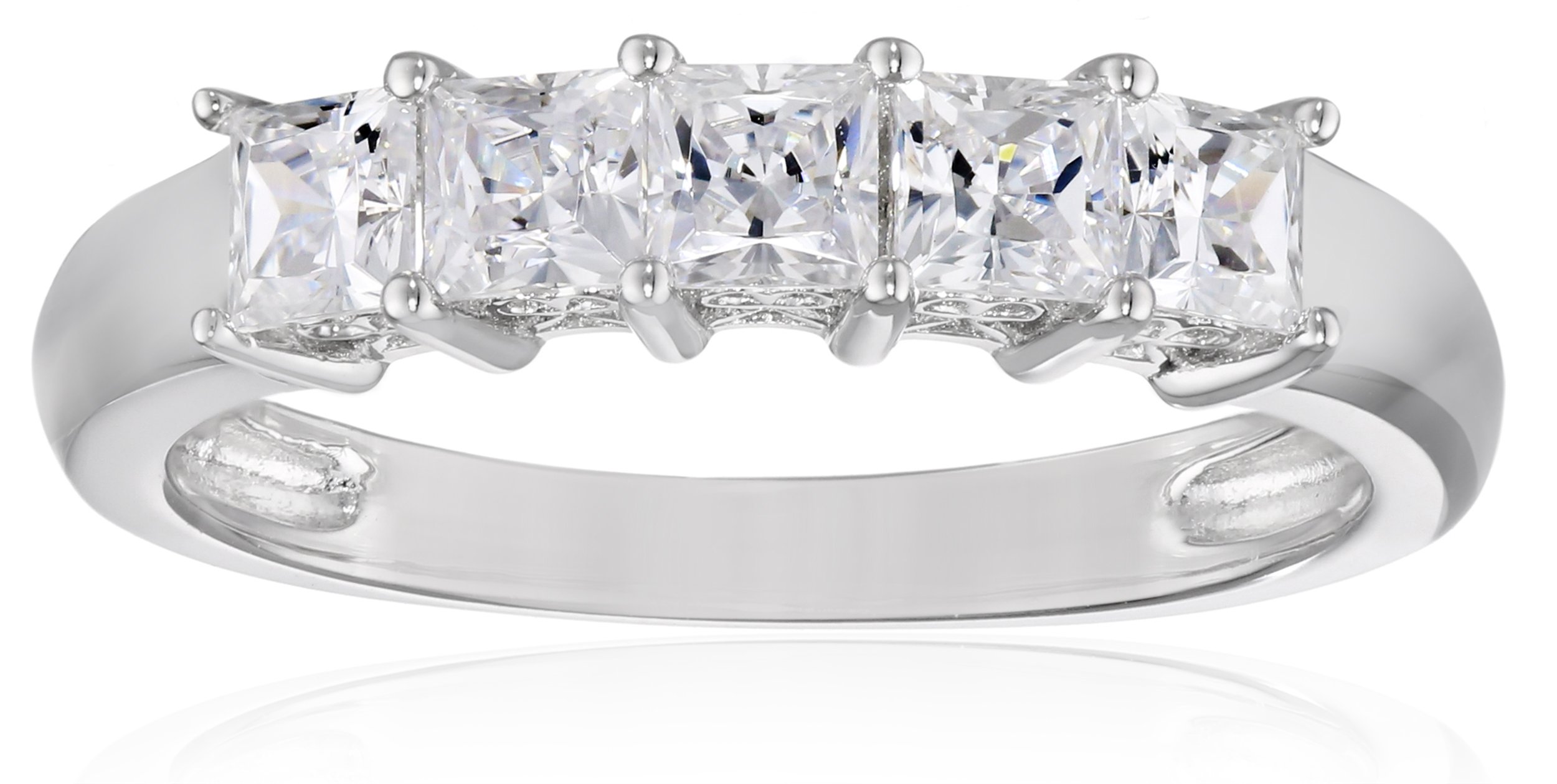 Amazon EssentialsPlatinum or Gold Plated Sterling Silver Princess-Cut 5-Stone Ring made with Infinite Elements Zirconia, (previously Amazon Collection)