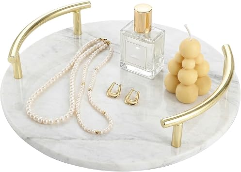 TOPZEA 10 Inch Marble Tray with Gold Handles, Round Vanity Organizer for Perfume, Jewelry, Trinket, Spa Supplies, Bathroom Countertop, Dresser Nightstand Display Tray Decor